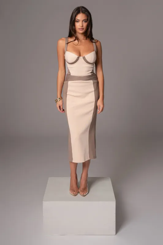 Taupe/Tan Celebration Colorblock Midi Skirt sold by JLUXLABEL