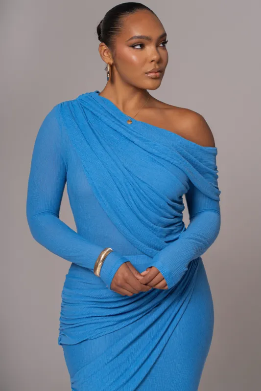 Blue Textured One Shoulder Bodysuit sold by JLUXLABEL