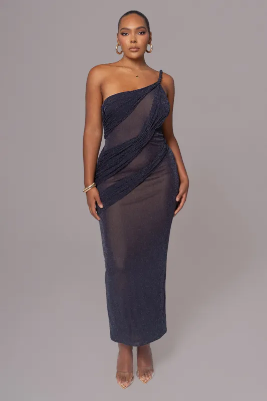 Navy Alari One Shoulder Maxi Dress sold by JLUXLABEL