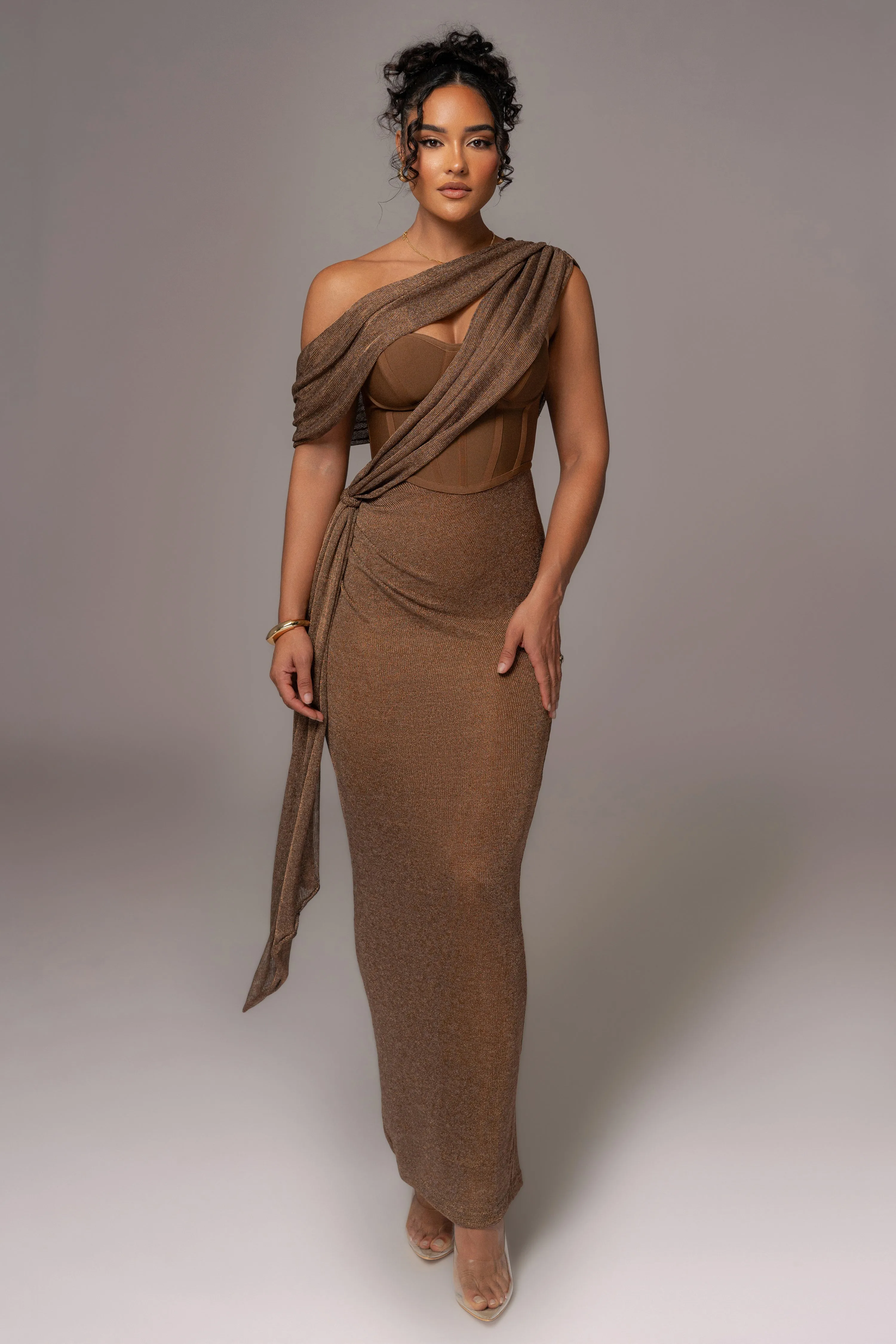 Bronze Metallic Celestina Draped Maxi Dress sold by JLUXLABEL
