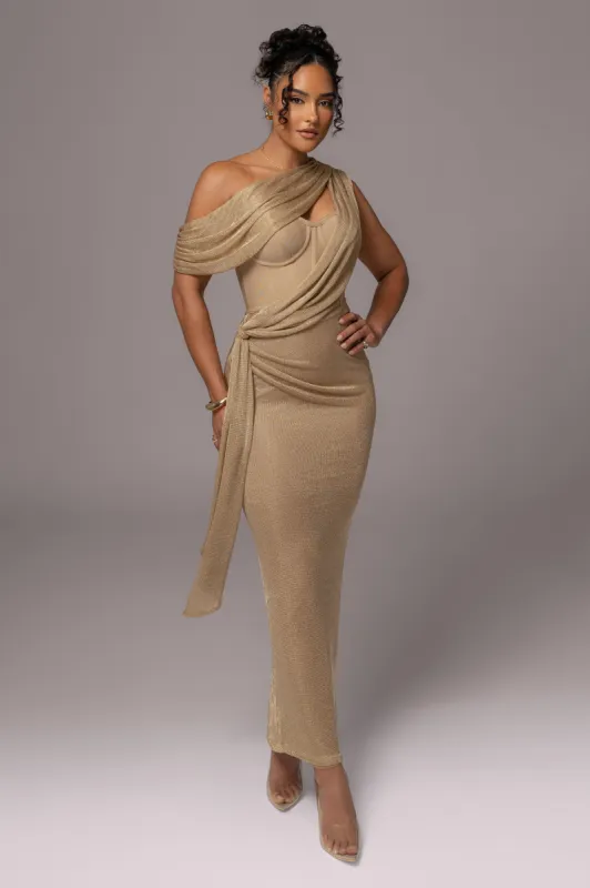Gold Metallic Celestina Draped Maxi Dress sold by JLUXLABEL