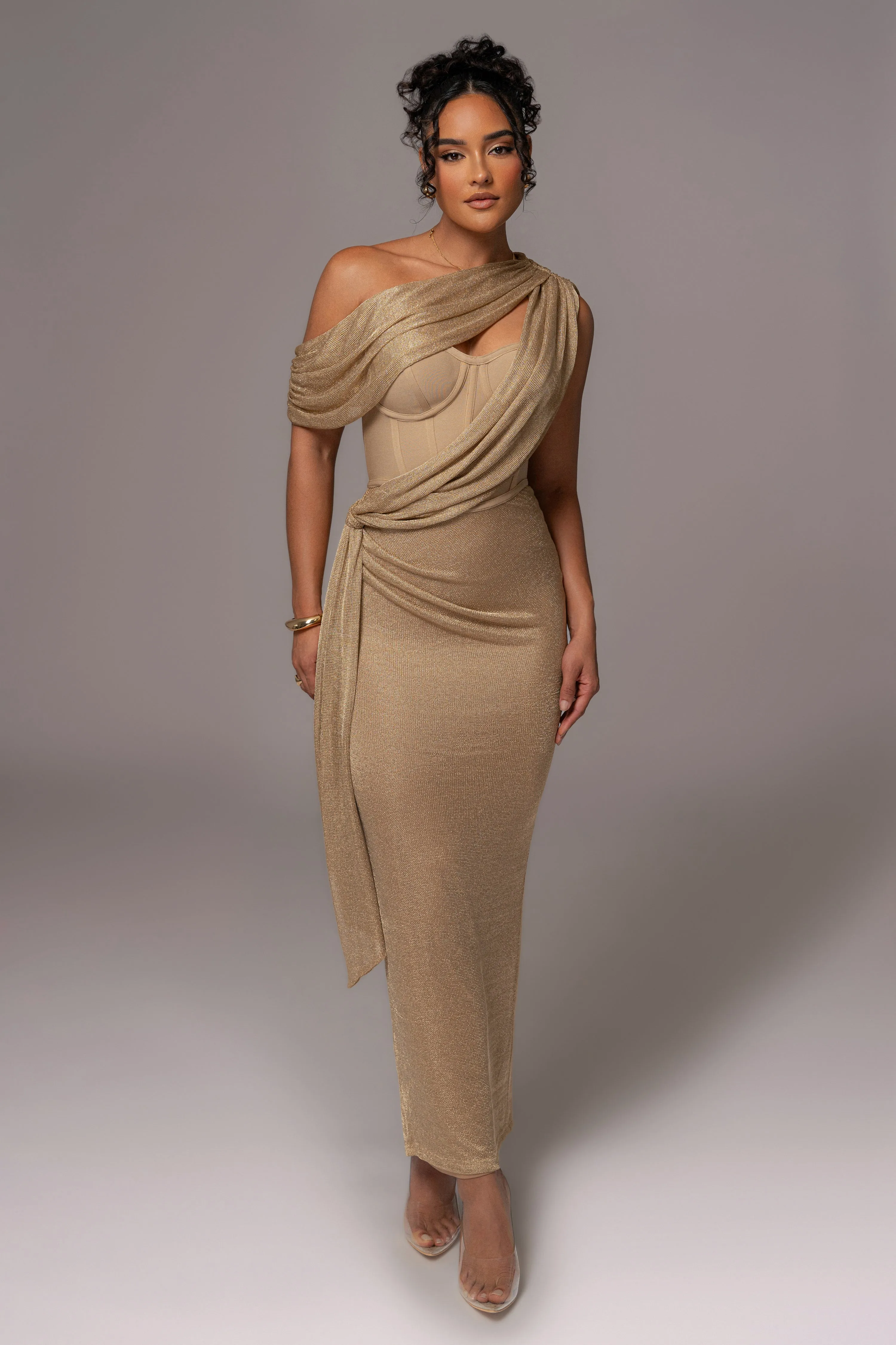 Gold Metallic Celestina Draped Maxi Dress sold by JLUXLABEL product image thumbnail 3