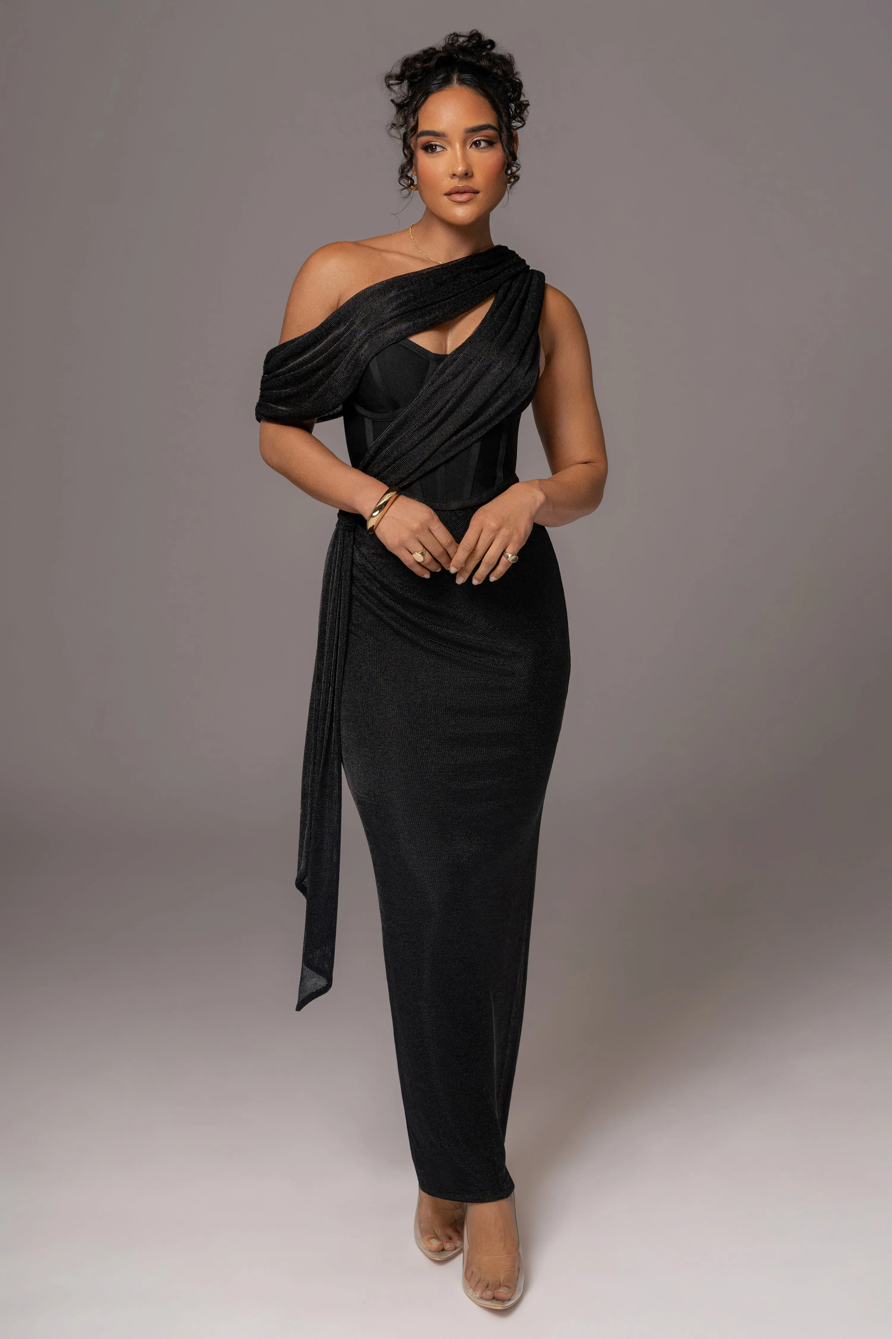 Black Metallic Celestina Draped Maxi Dress sold by JLUXLABEL