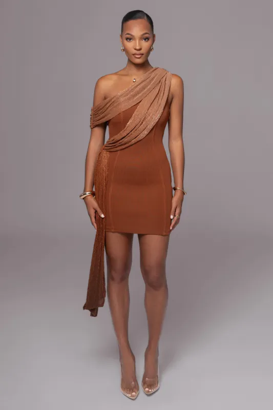 Bronze Asymmetric Drape Mini Dress sold by JLUXLABEL