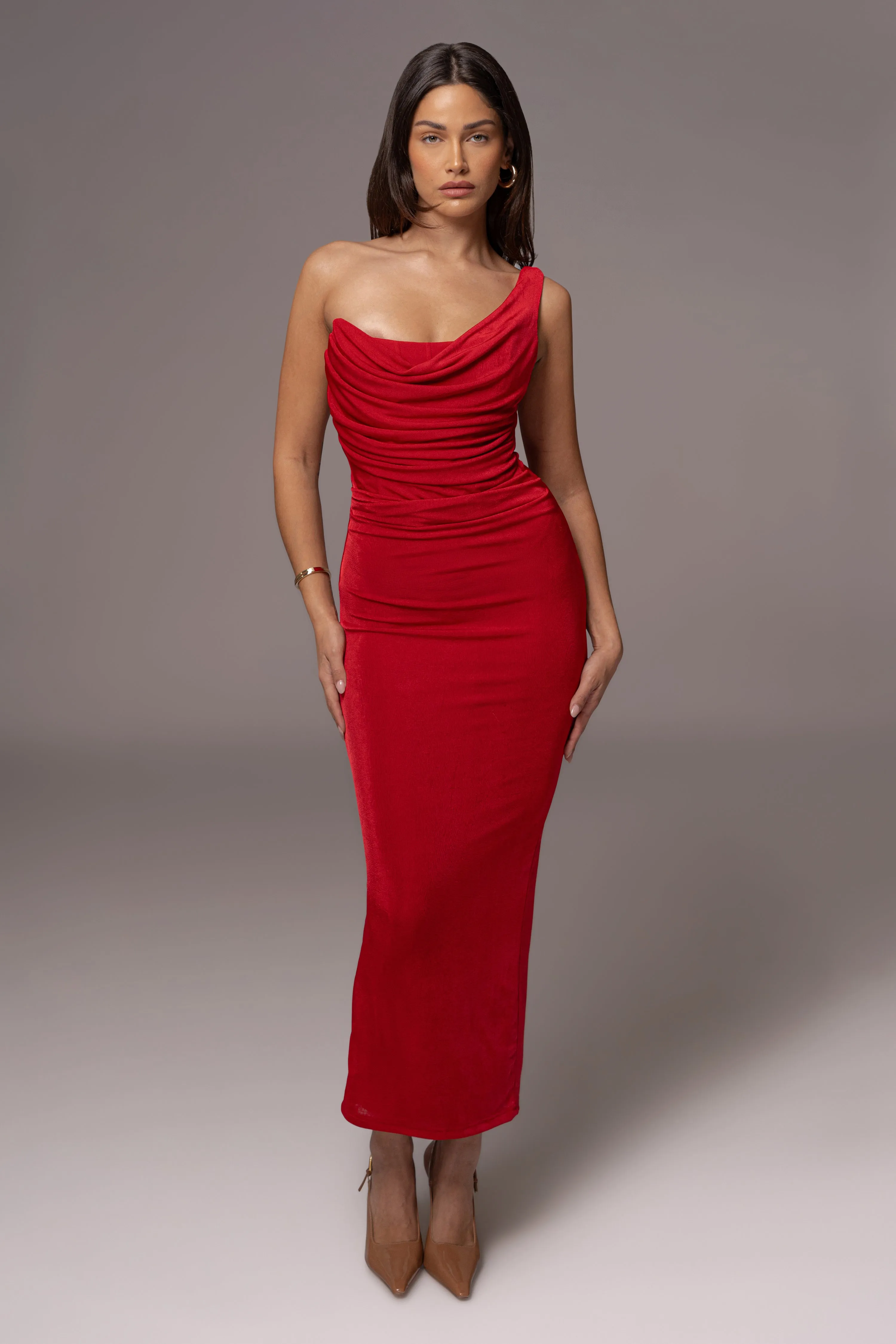 Red Slinky Krishna One Shoulder Maxi Dress sold by JLUXLABEL product image thumbnail 3