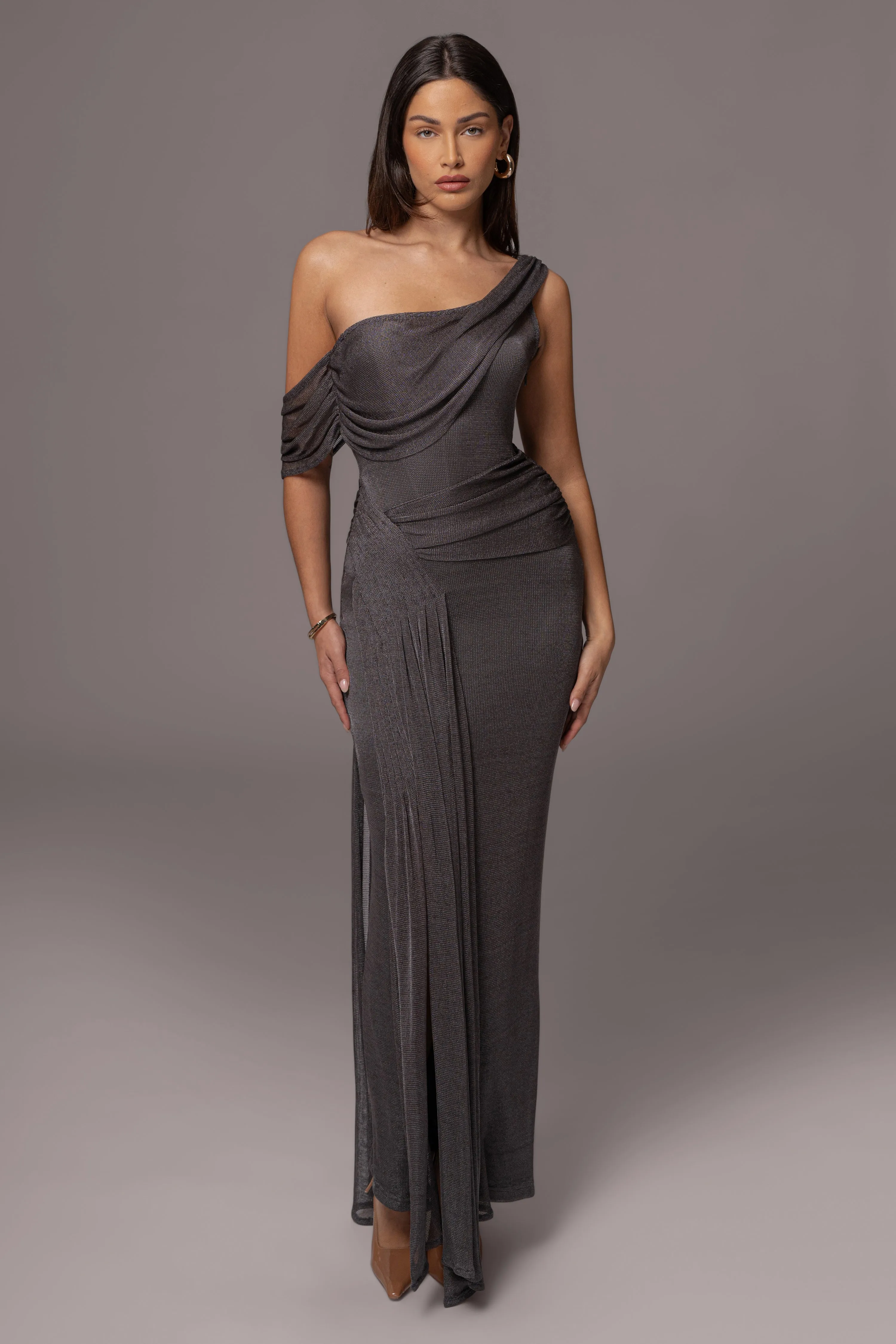 Gun Metal Draped Metallic Maxi Dress sold by JLUXLABEL