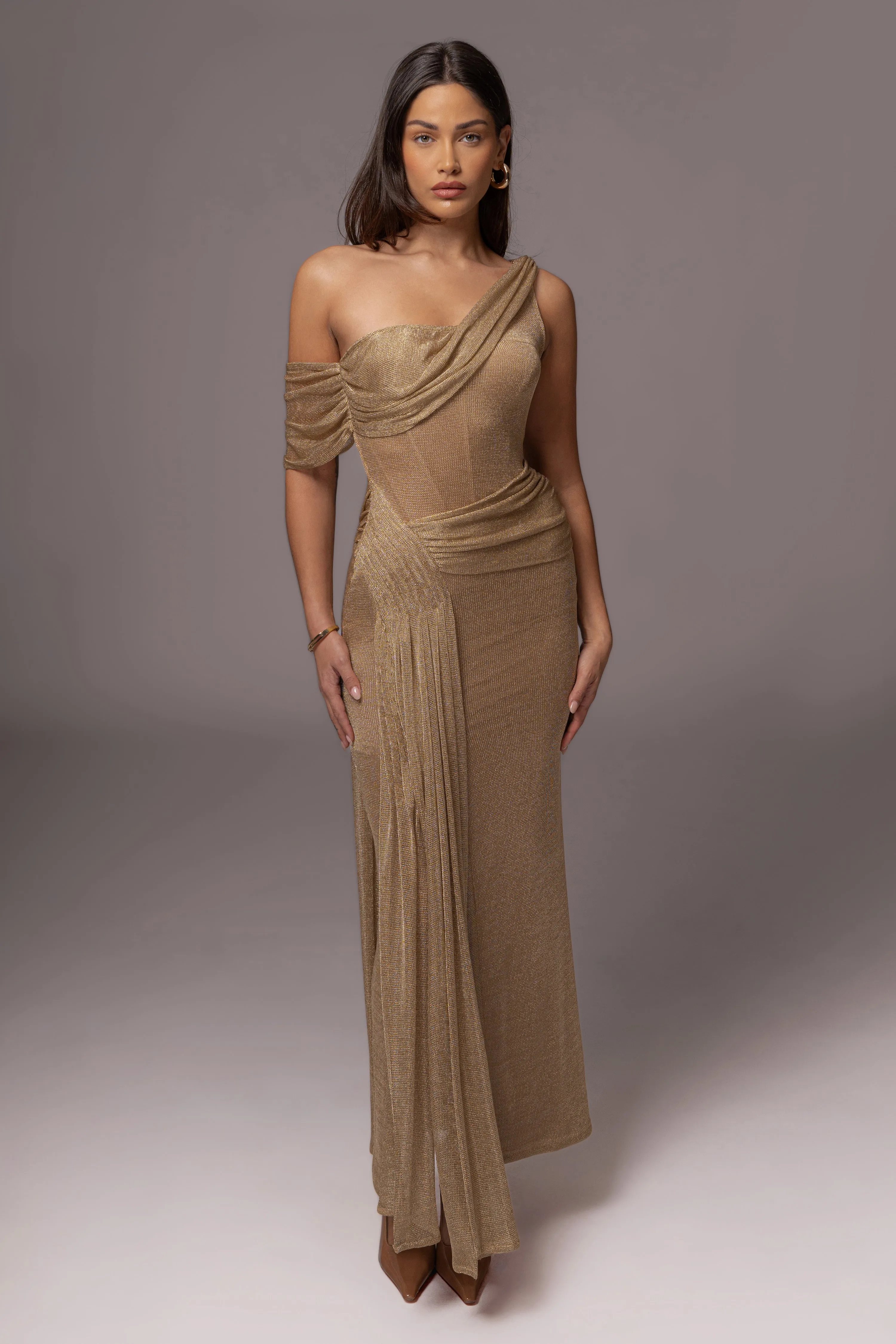 Gold Draped Metallic Maxi Dress sold by JLUXLABEL product image thumbnail 3