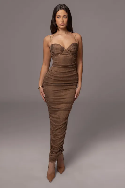 Bronze Ruched Metallic Maxi Dress sold by JLUXLABEL