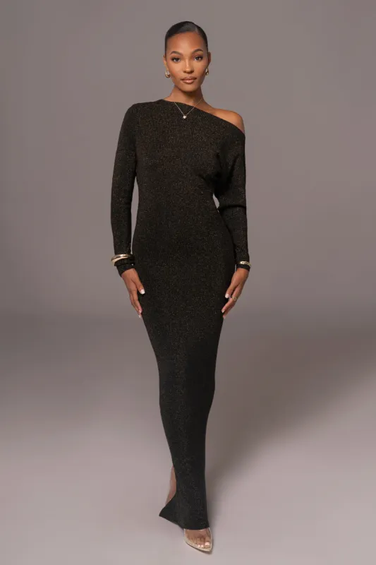 Black Night Shimmers Asymmetrical Maxi Dress sold by JLUXLABEL