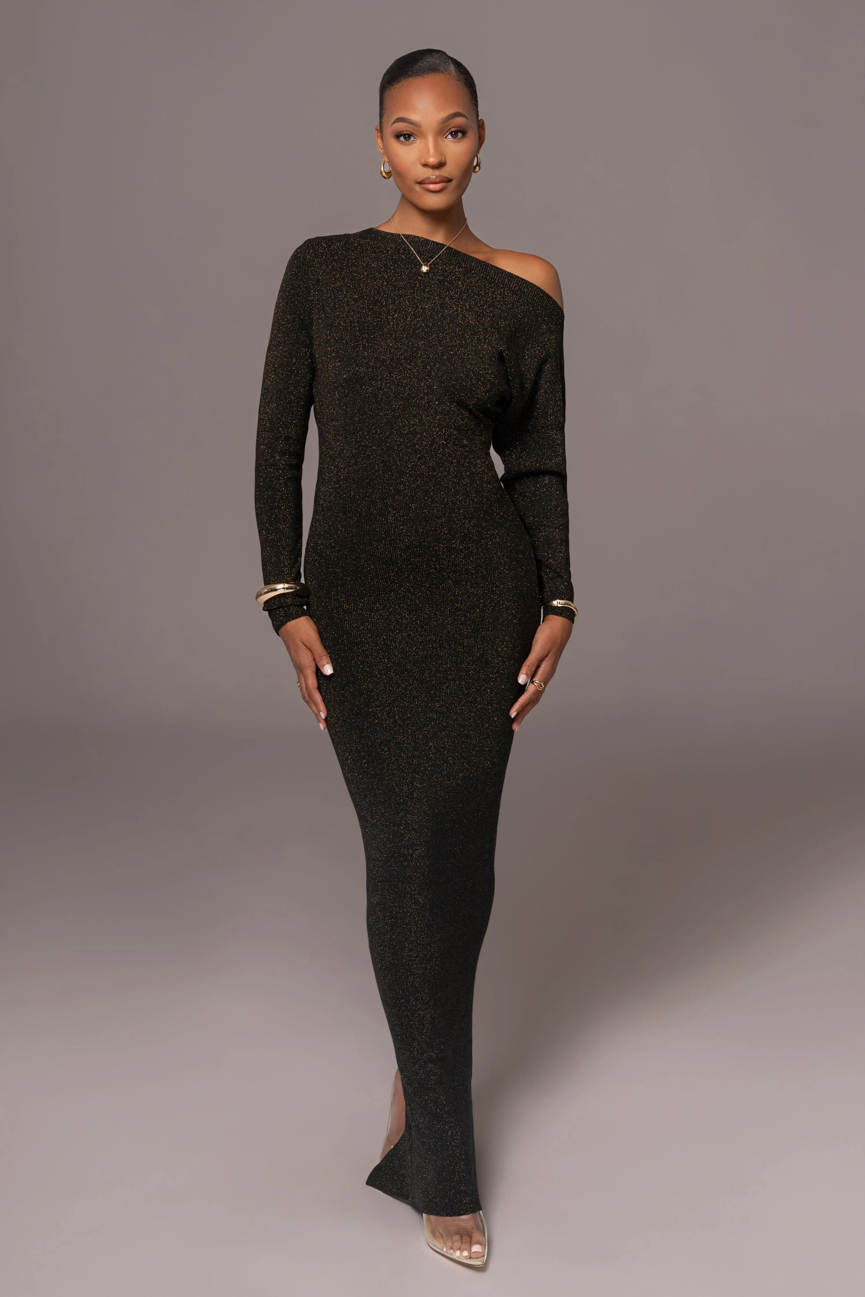 Black Night Shimmers Asymmetrical Maxi Dress sold by JLUXLABEL