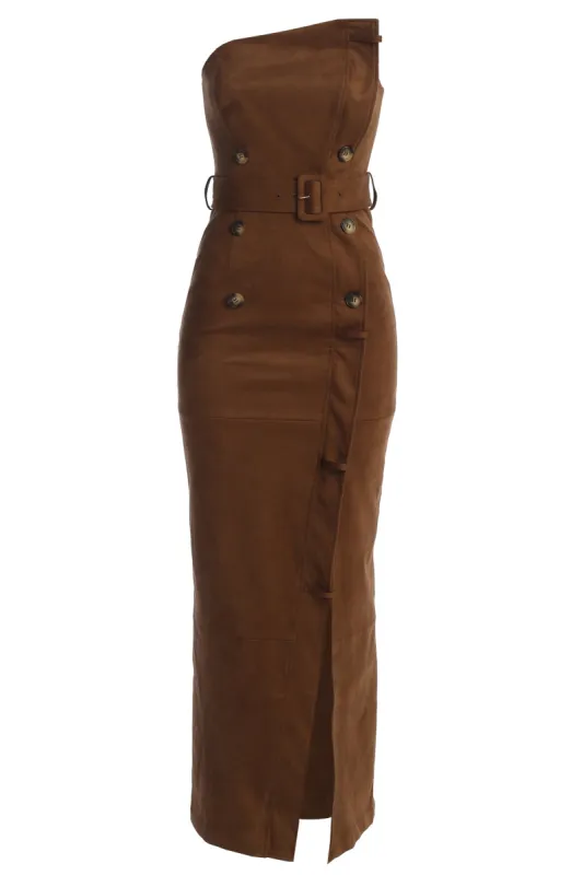 Chocolate Xena Suede Maxi Dress made by JLUXLABEL