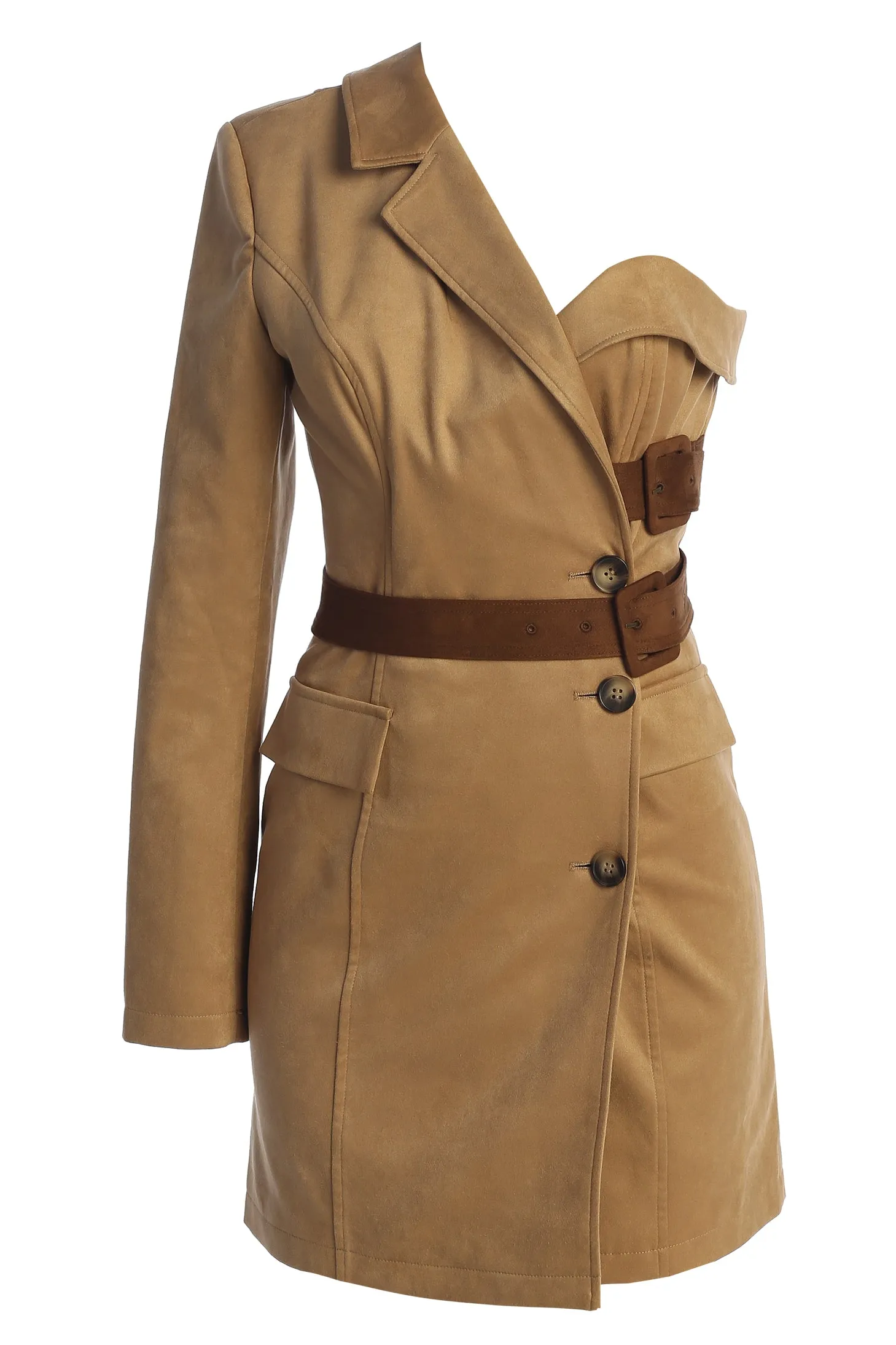 Beige One Shoulder Suede Blazer Dress sold by JLUXLABEL
