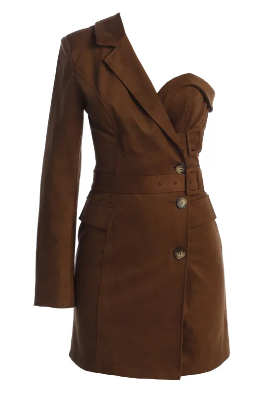 Chocolate One Shoulder Suede Blazer Dress sold by JLUXLABEL