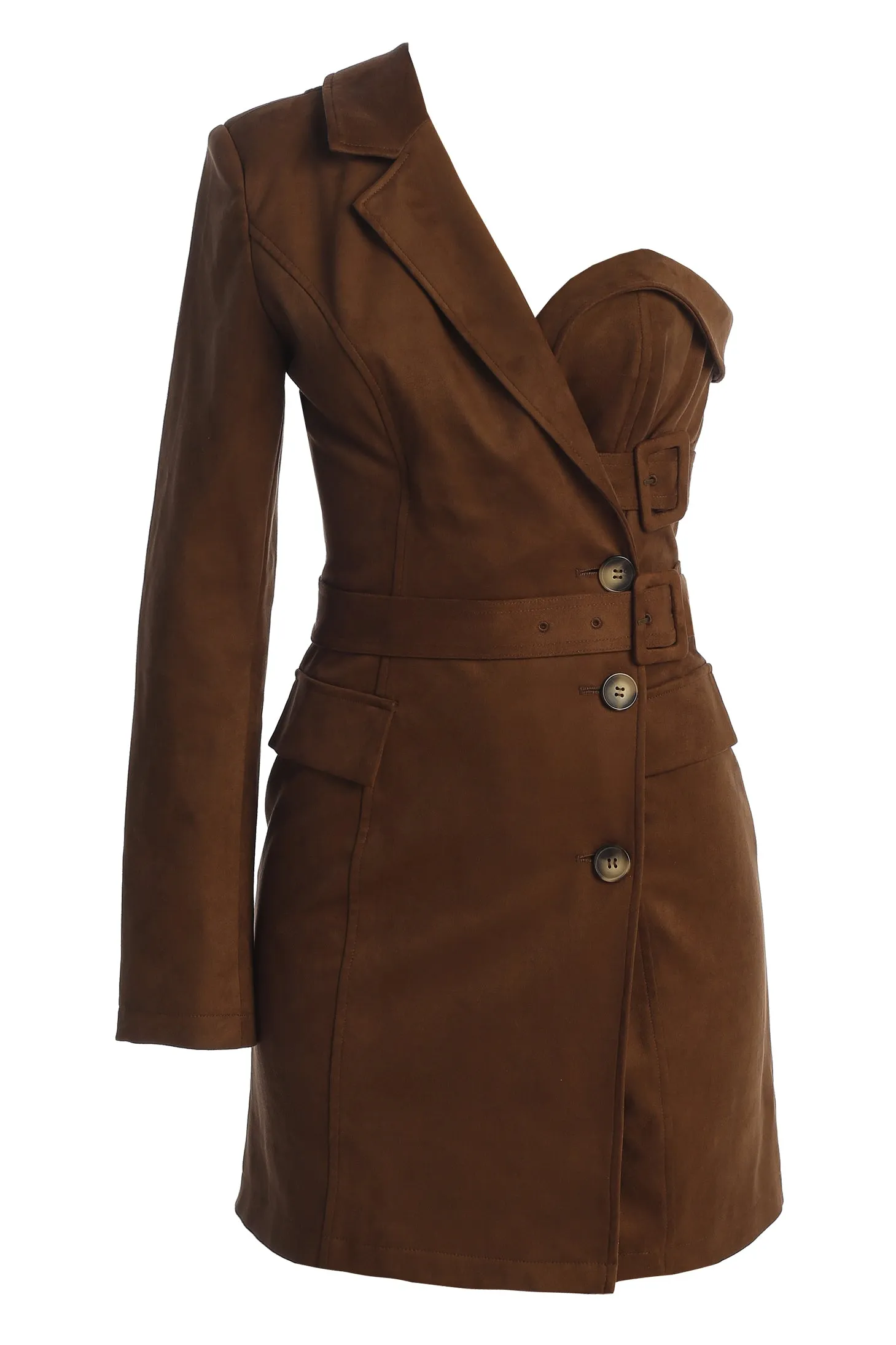 Chocolate One Shoulder Suede Blazer Dress sold by JLUXLABEL