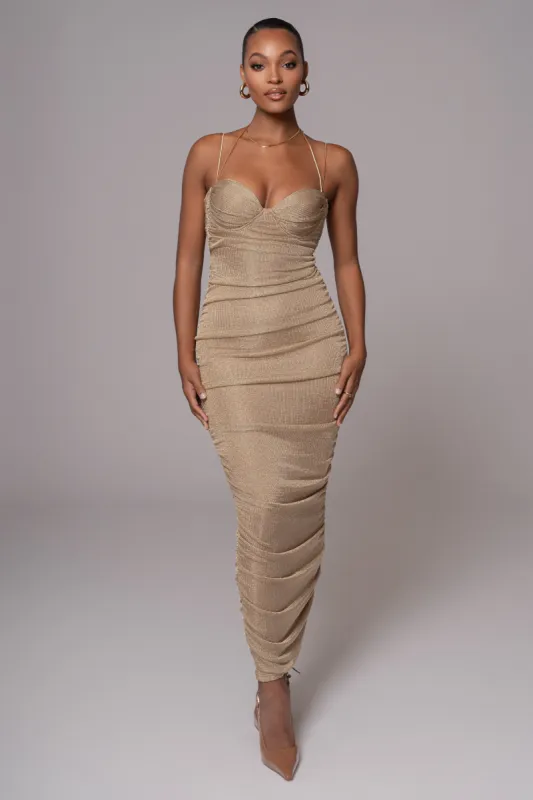 Gold Ruched Metallic Maxi Dress sold by JLUXLABEL