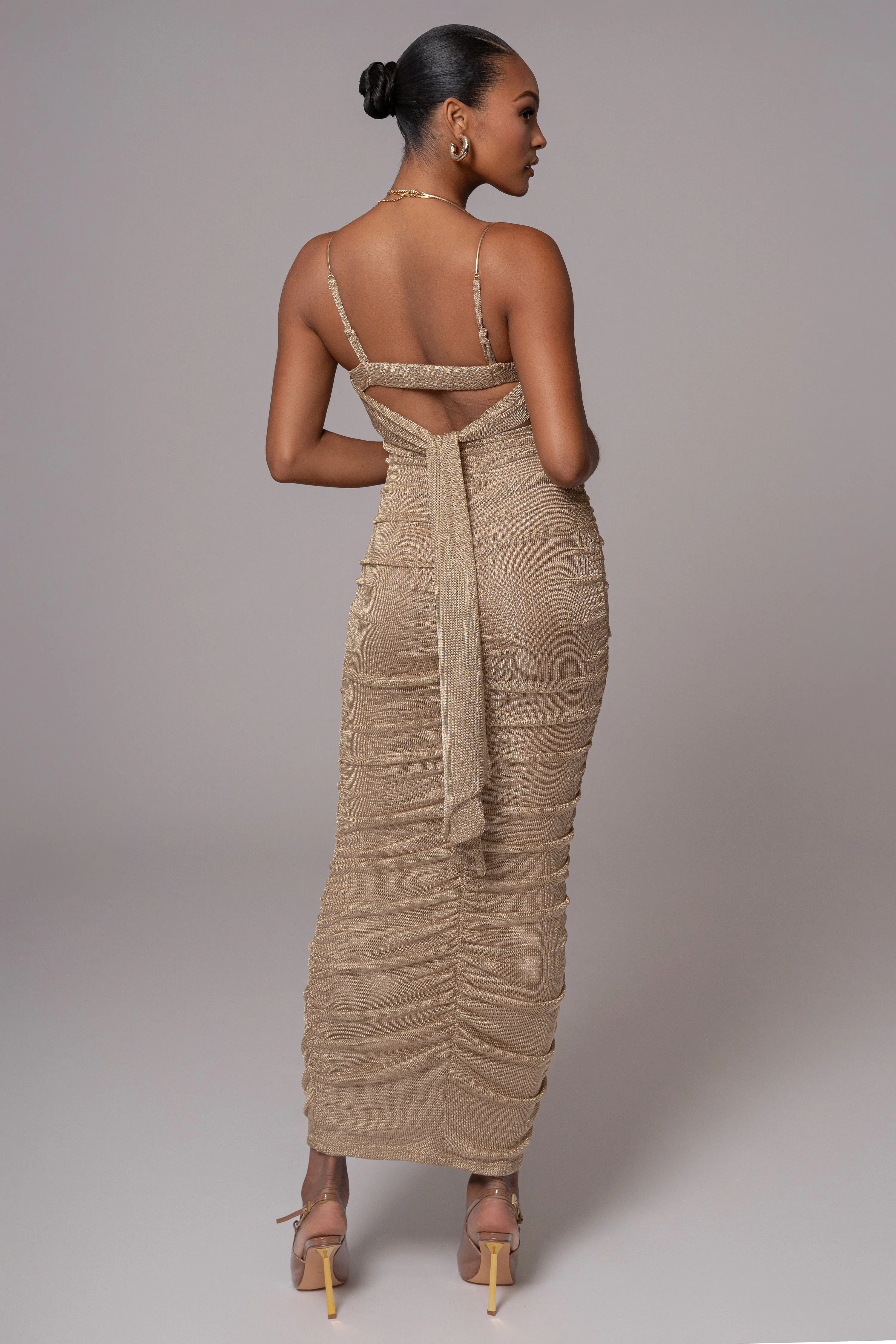 Gold Ruched Metallic Maxi Dress sold by JLUXLABEL product image thumbnail 4