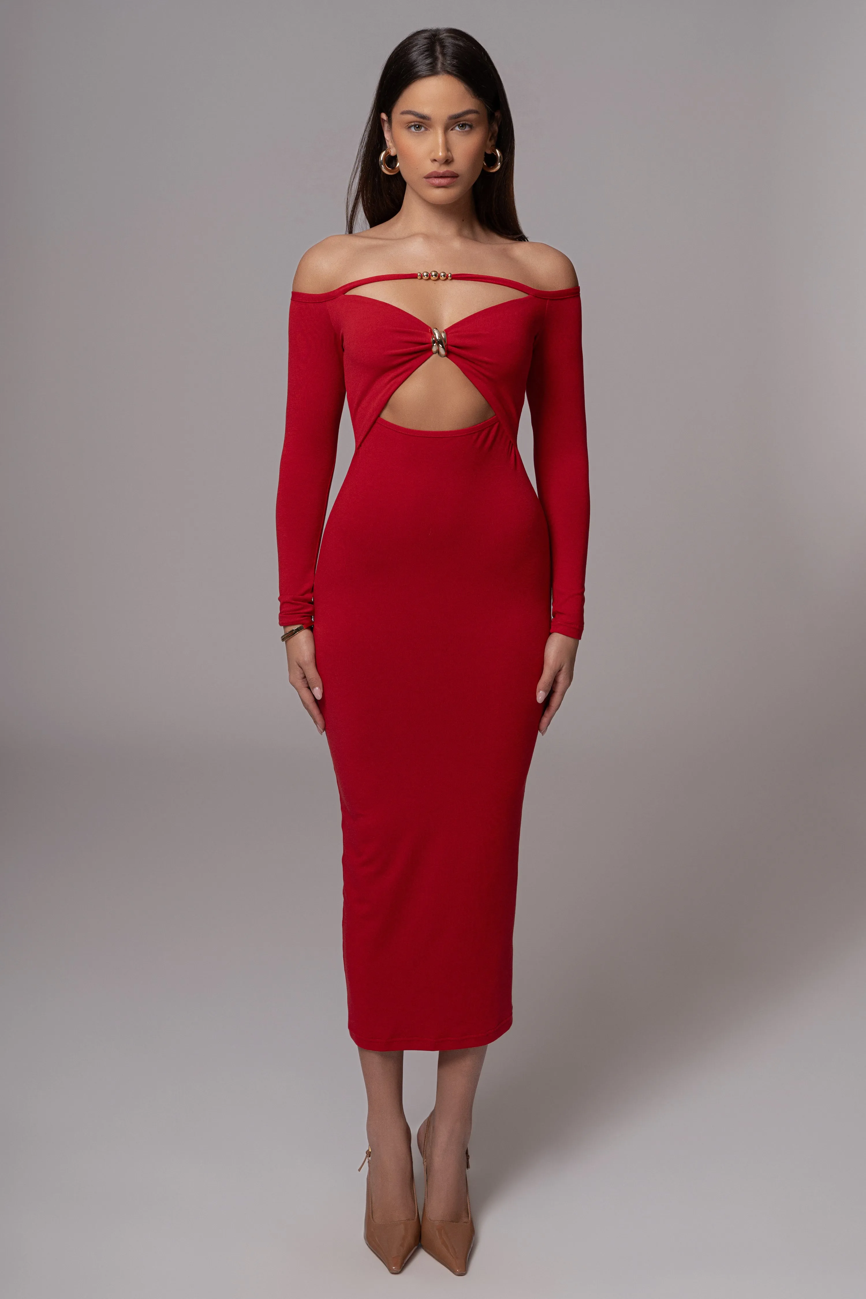 Red Off Shoulder Cutout Dress sold by JLUXLABEL