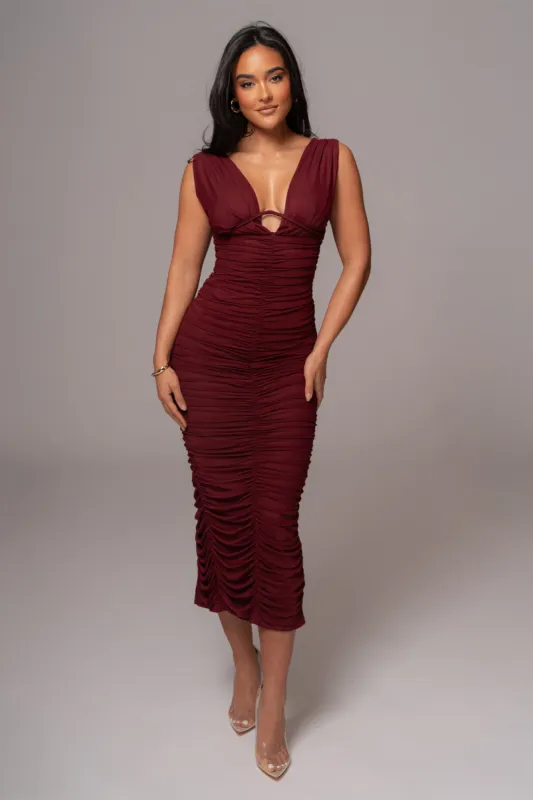 Burgundy Loren Ruched Maxi Dress sold by JLUXLABEL