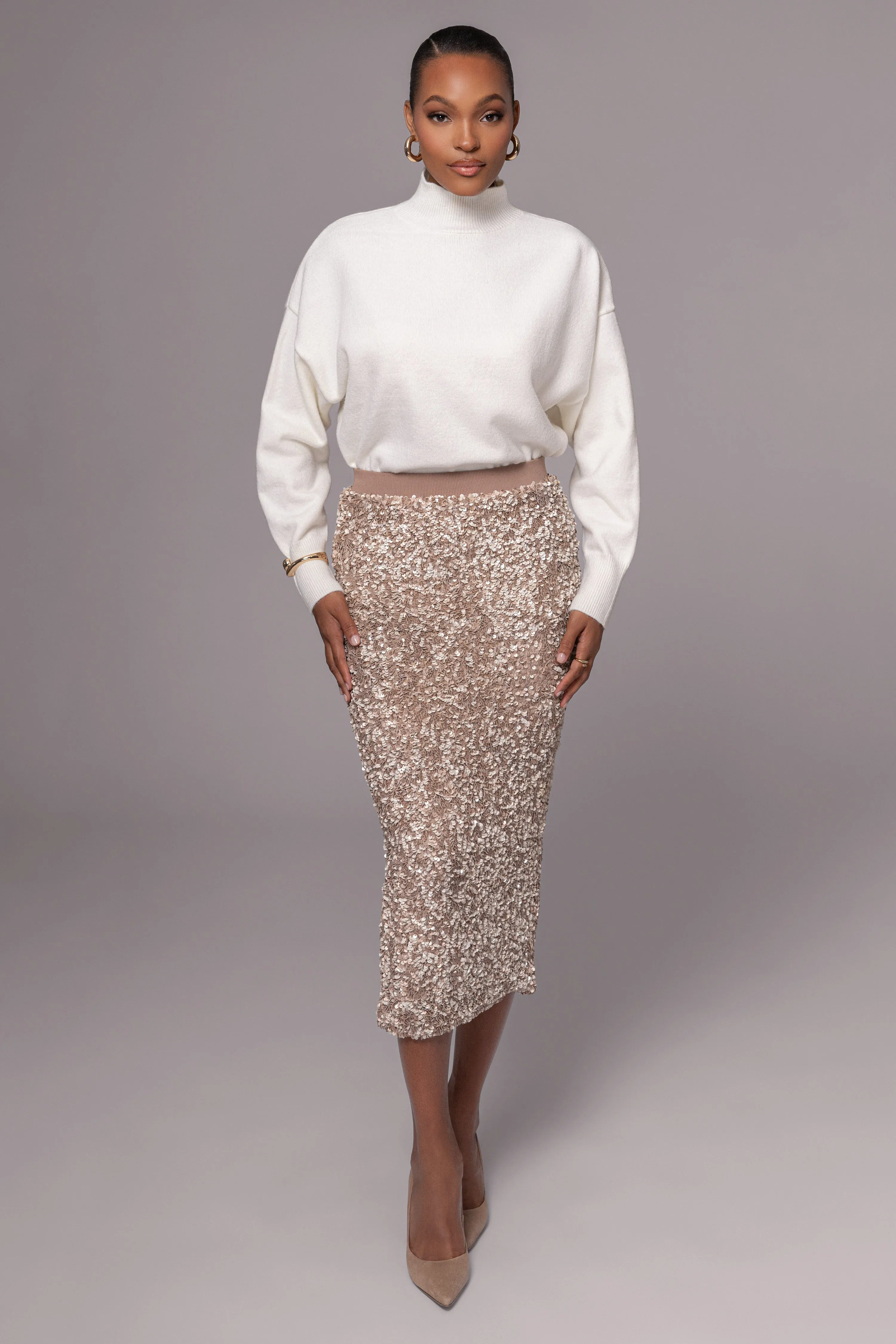 Taupe Sequin Midi Skirt sold by JLUXLABEL