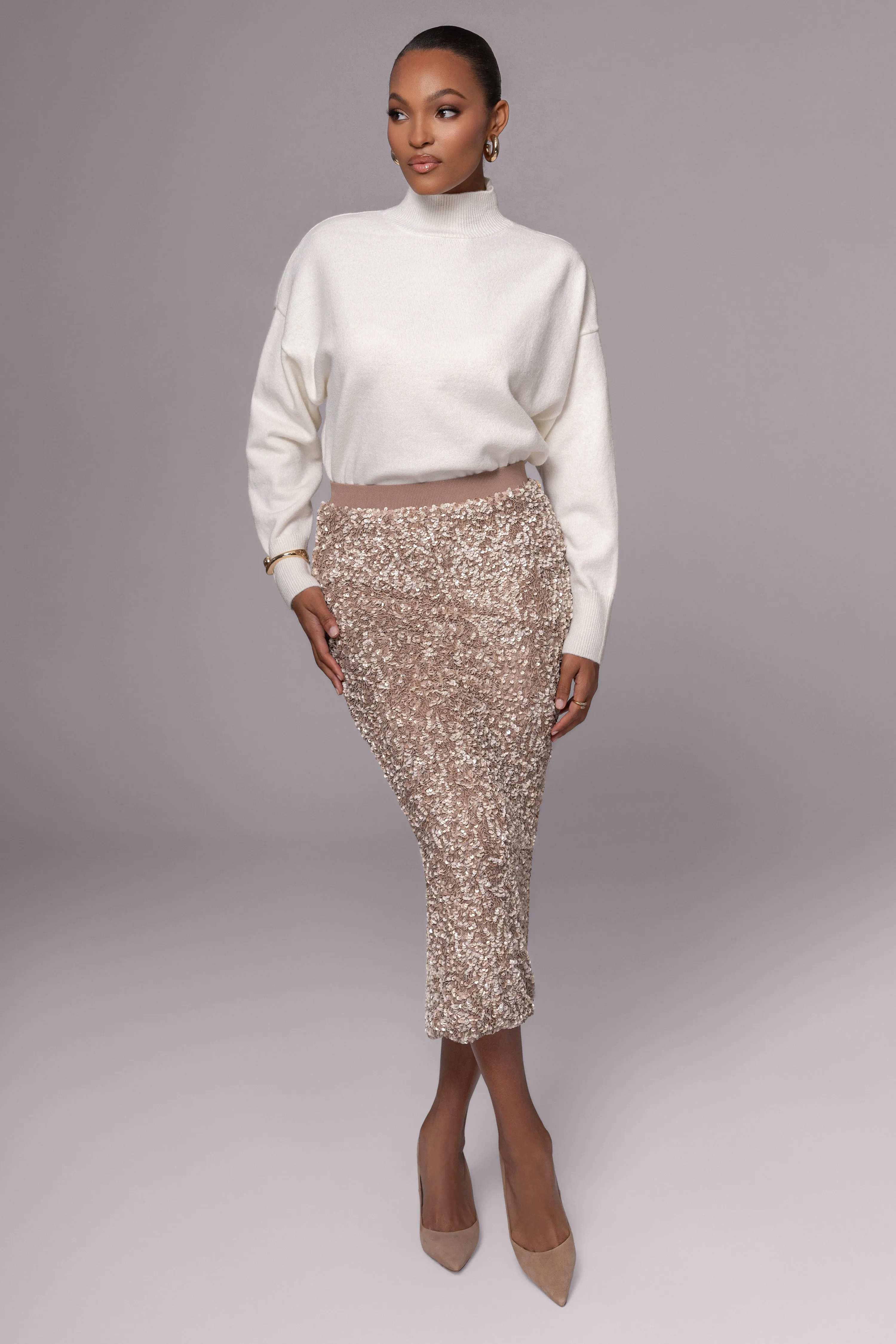 Taupe Sequin Midi Skirt sold by JLUXLABEL product image thumbnail 3