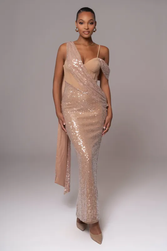 Tan Amani Draped Sequin Maxi Dress sold by JLUXLABEL