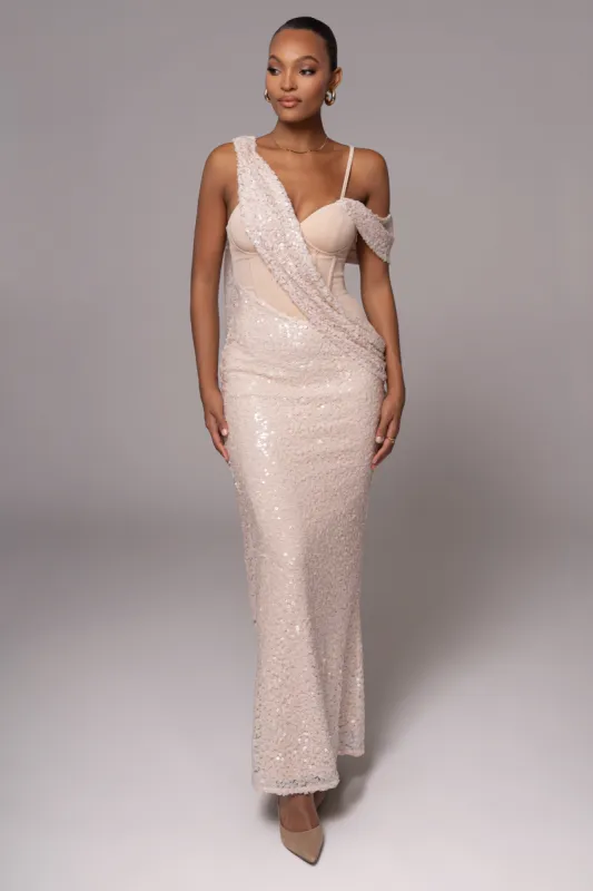 Blush Amani Draped Sequin Maxi Dress sold by JLUXLABEL