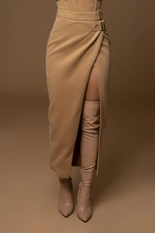 Beige GISELE SLIT SKIRT sold by JLUXLABEL