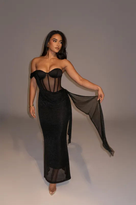 Black Metallic Corset Maxi Dress sold by JLUXLABEL