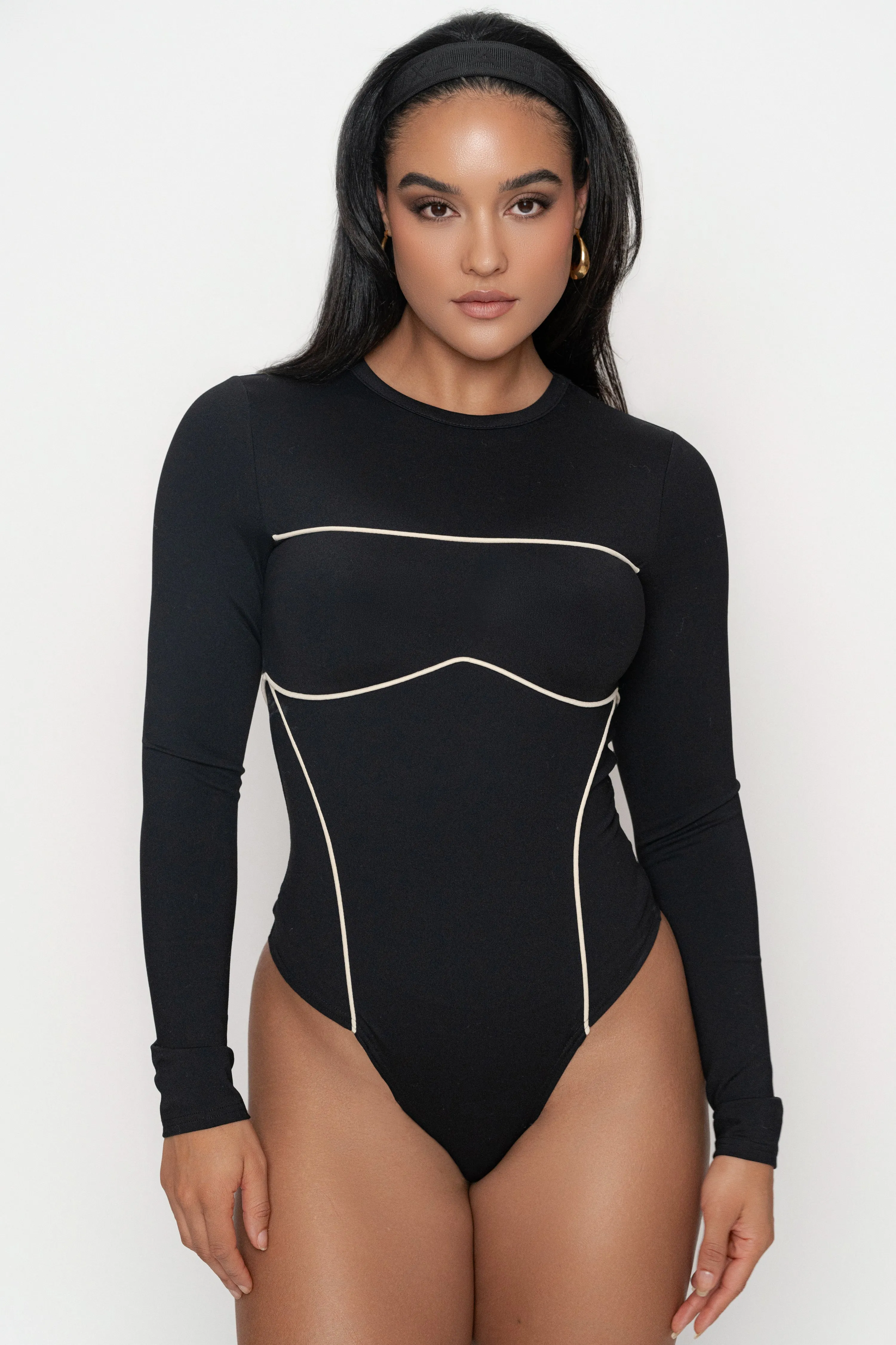 Black/Cream Pilar Piped Bodysuit sold by JLUXLABEL product image thumbnail 3