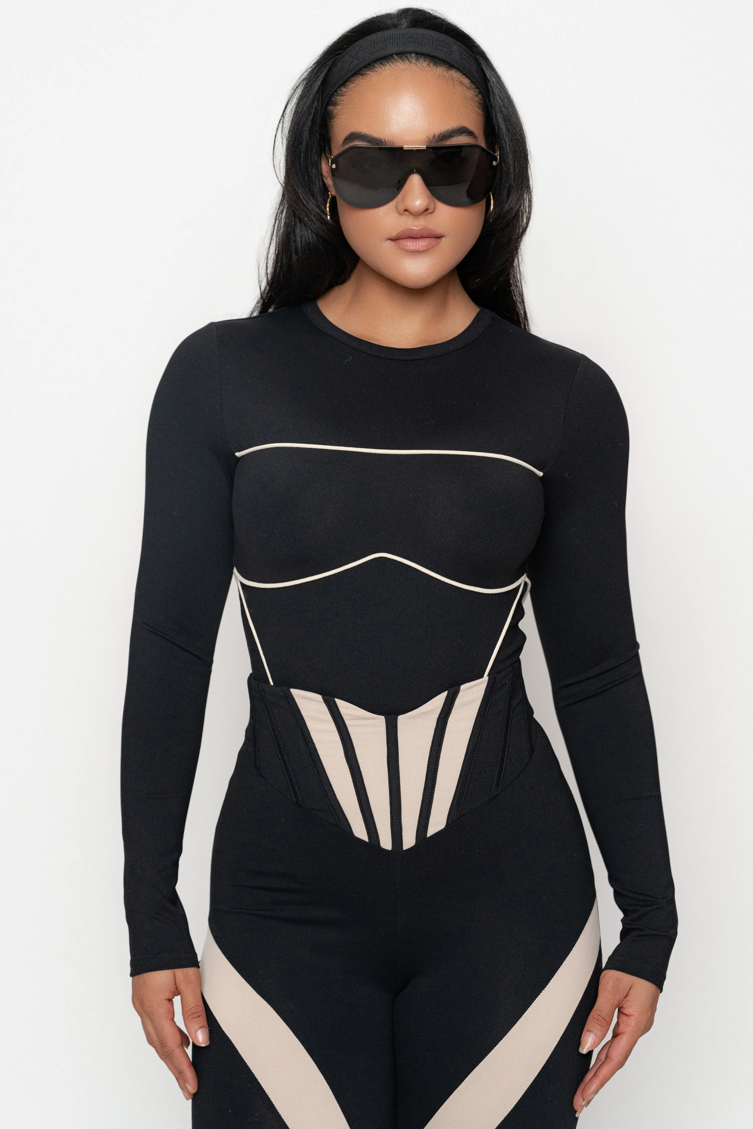 Black/Cream Pilar Piped Bodysuit sold by JLUXLABEL product image thumbnail 4