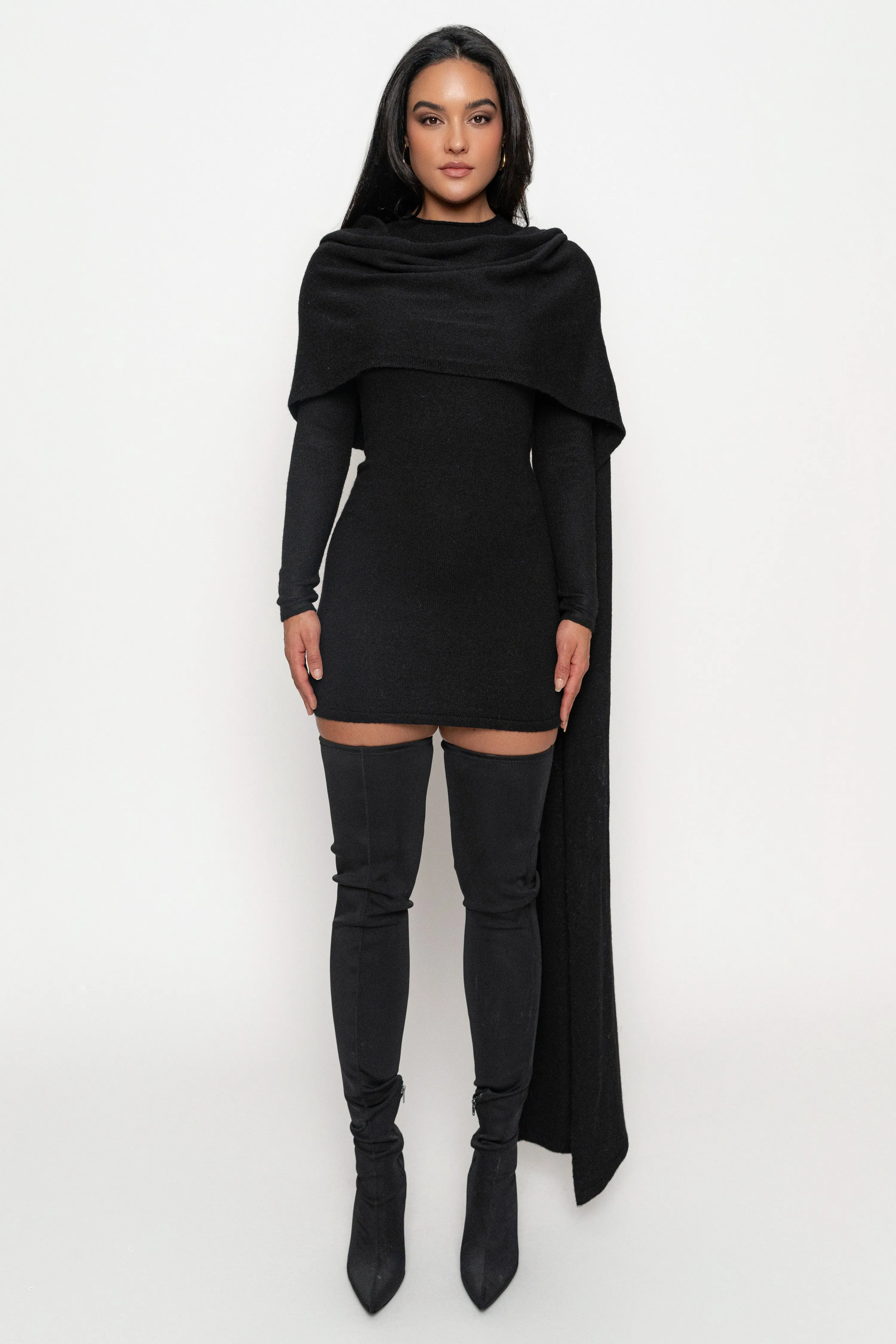 Black Scarf Draped Mini Dress sold by JLUXLABEL