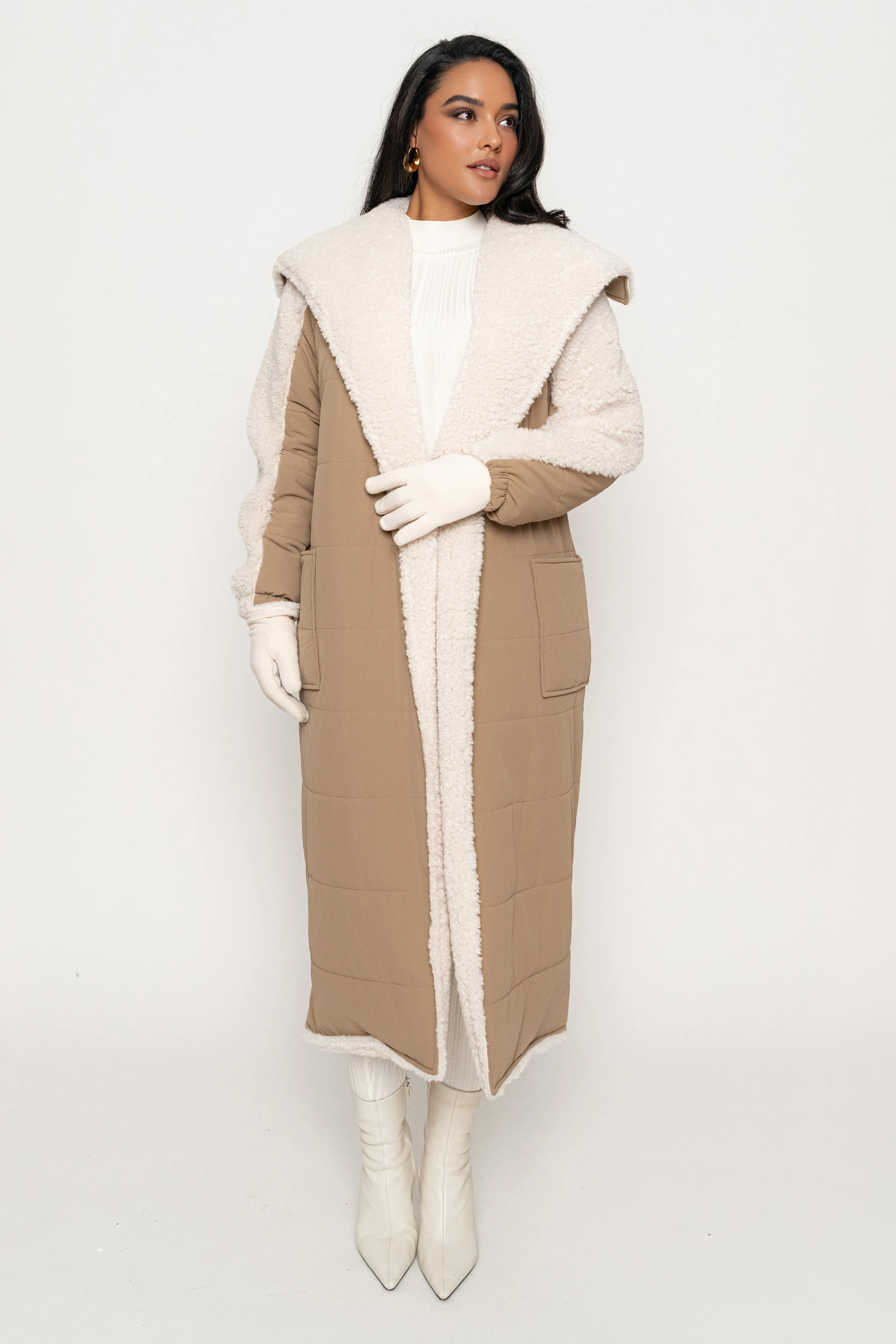 Beige/Ivory Contrast Sherpa Coat sold by JLUXLABEL