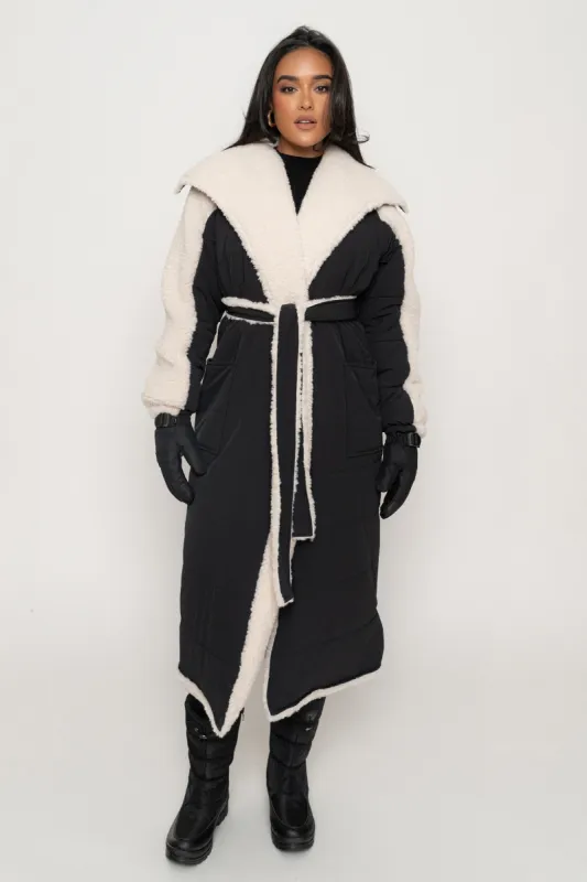 Black/Ivory Contrast Sherpa Coat sold by JLUXLABEL