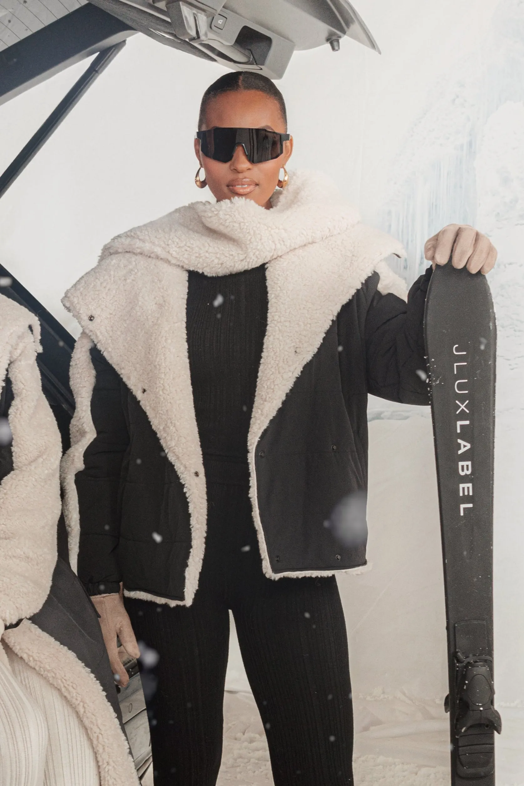 Black/Ivory Contrast Sherpa Jacket sold by JLUXLABEL