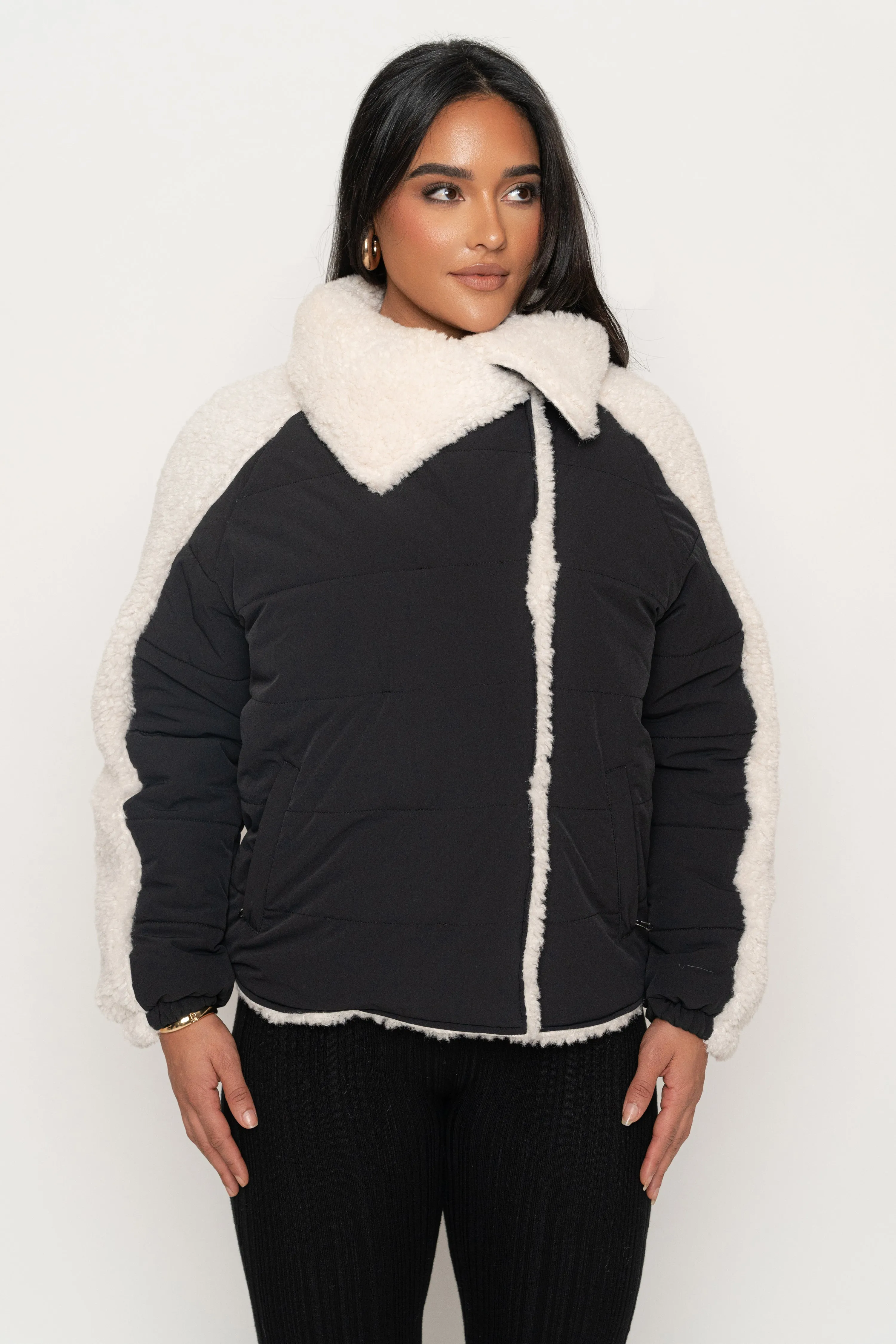 Black/Ivory Contrast Sherpa Jacket sold by JLUXLABEL product image thumbnail 5
