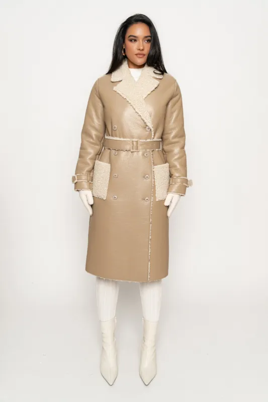Beige/Ivory Sherpa And Faux Leather Coat sold by JLUXLABEL