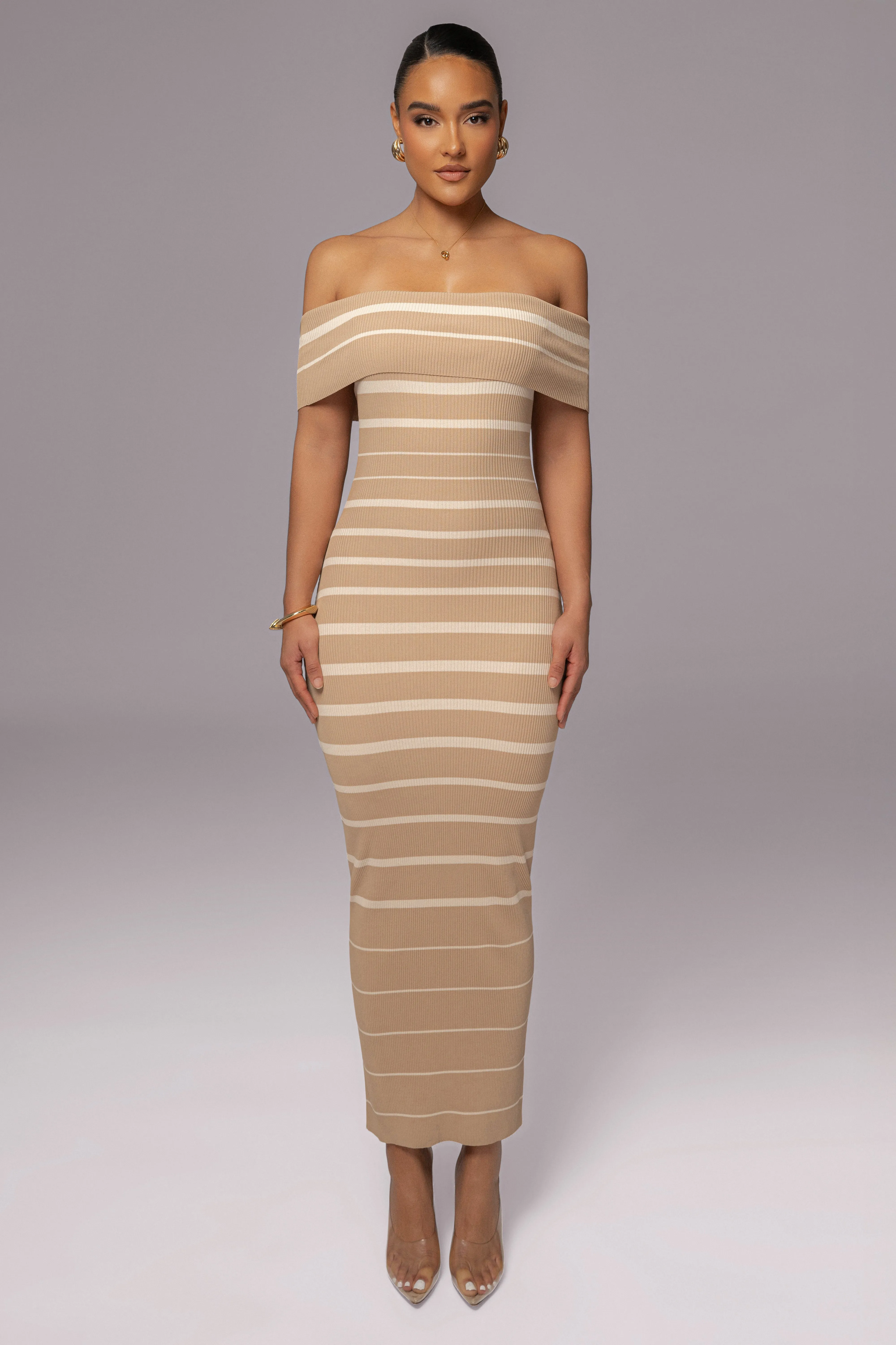 Beige Off The Shoulder Striped Dress sold by JLUXLABEL