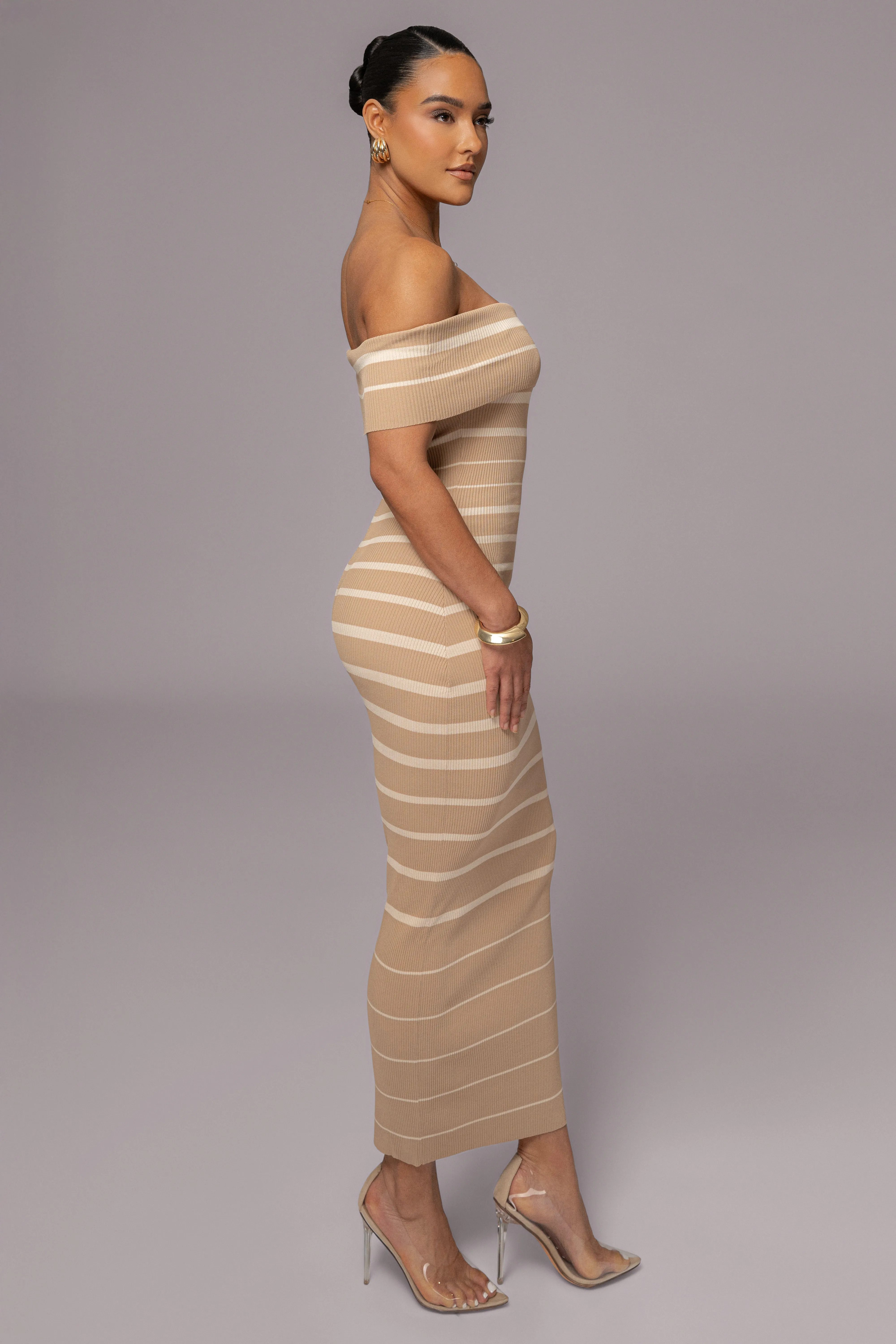 Beige Off The Shoulder Striped Dress sold by JLUXLABEL product image thumbnail 5