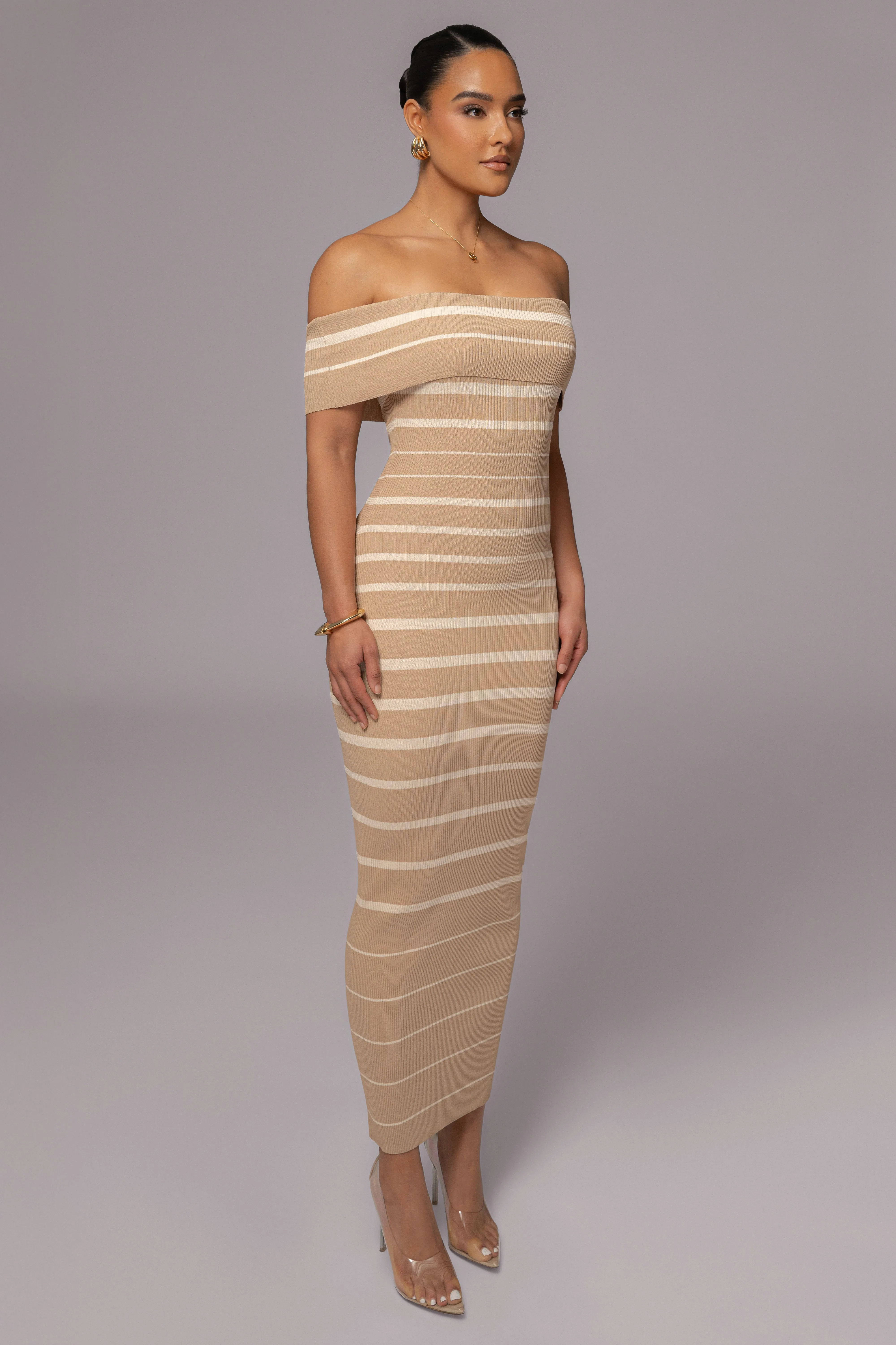Beige Off The Shoulder Striped Dress sold by JLUXLABEL product image thumbnail 4