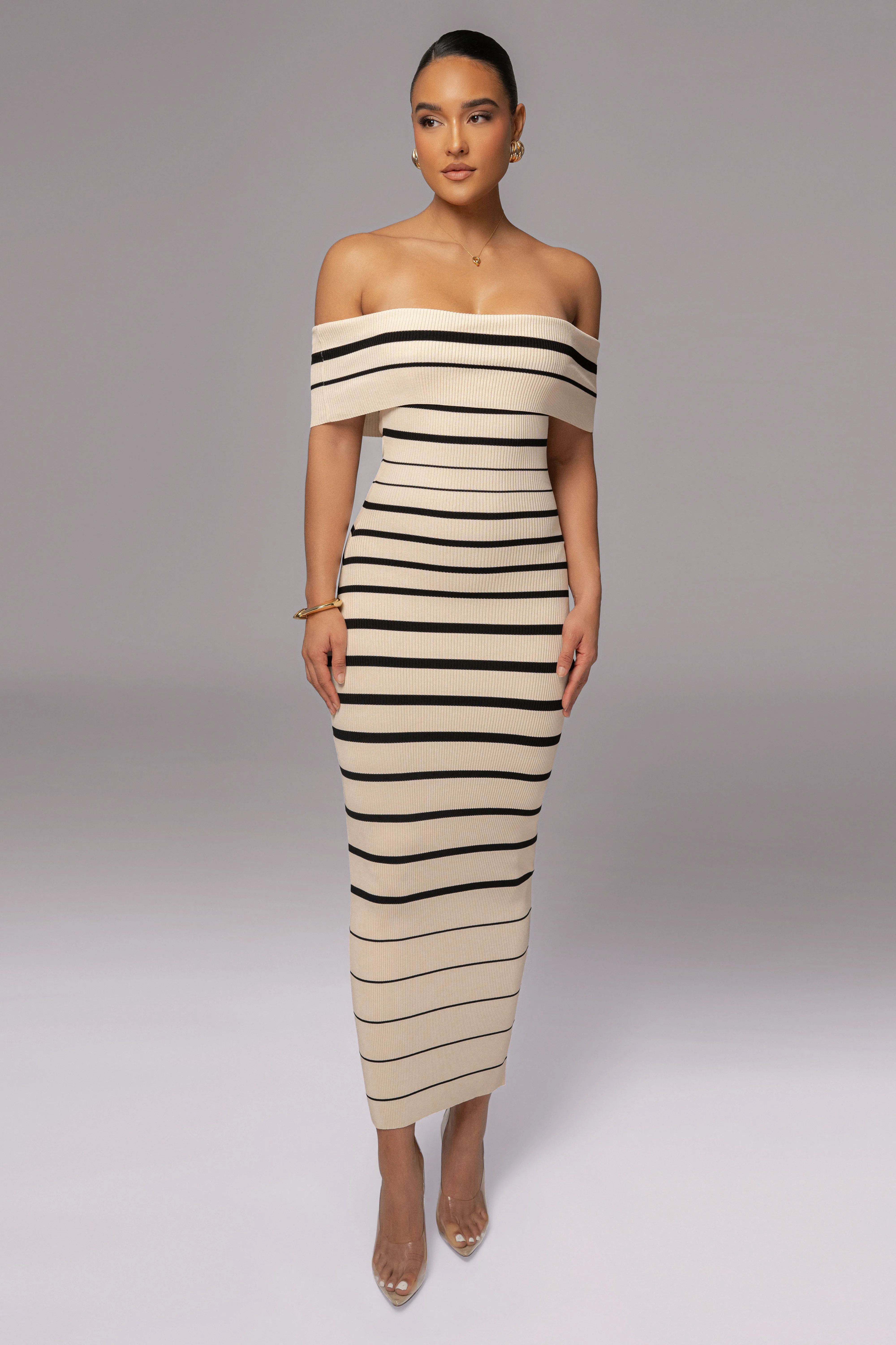 Ivory Off The Shoulder Striped Dress sold by JLUXLABEL product image thumbnail 4