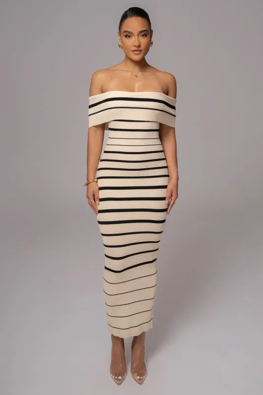 Ivory Off The Shoulder Striped Dress sold by JLUXLABEL
