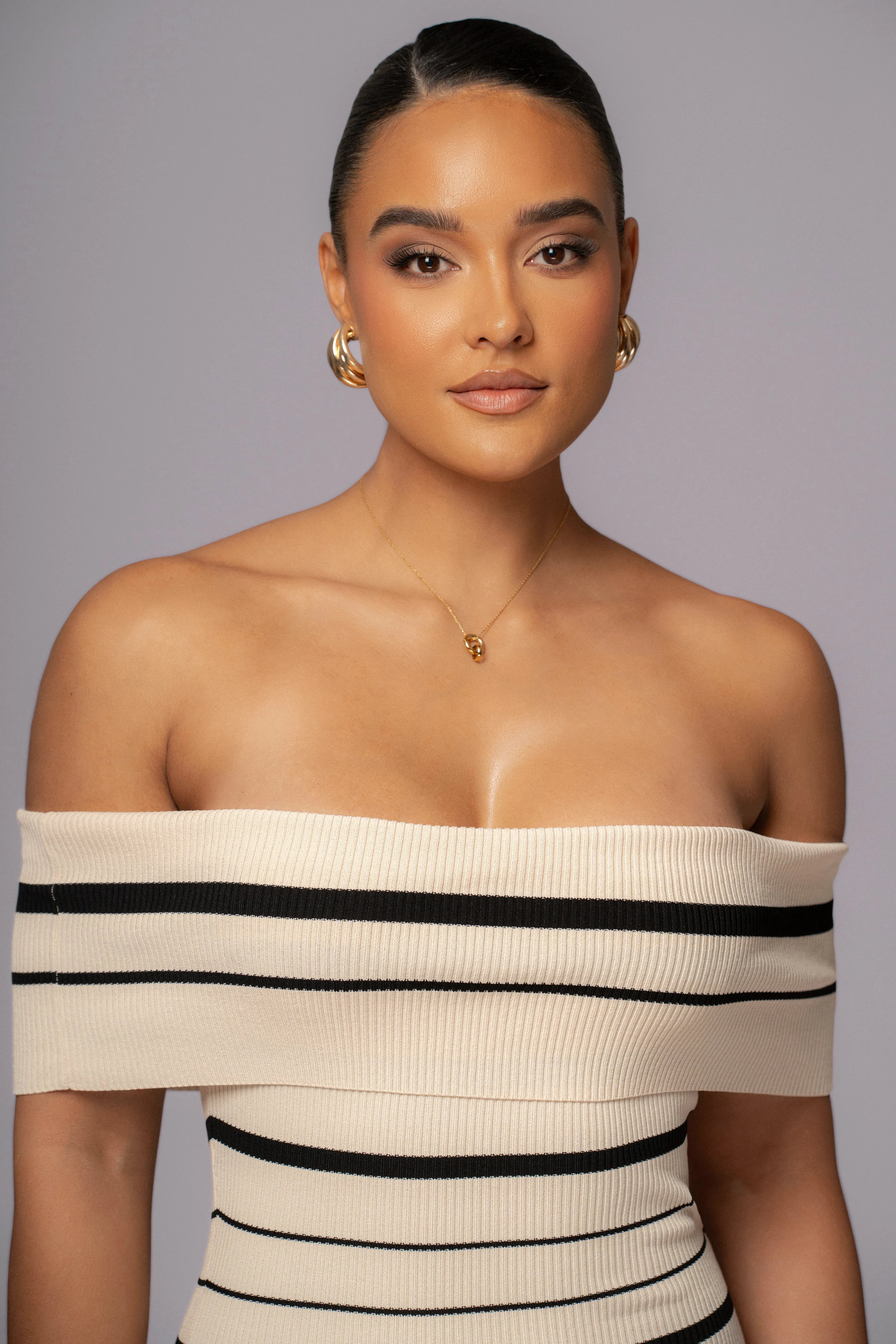 Ivory Off The Shoulder Striped Dress sold by JLUXLABEL product image thumbnail 3