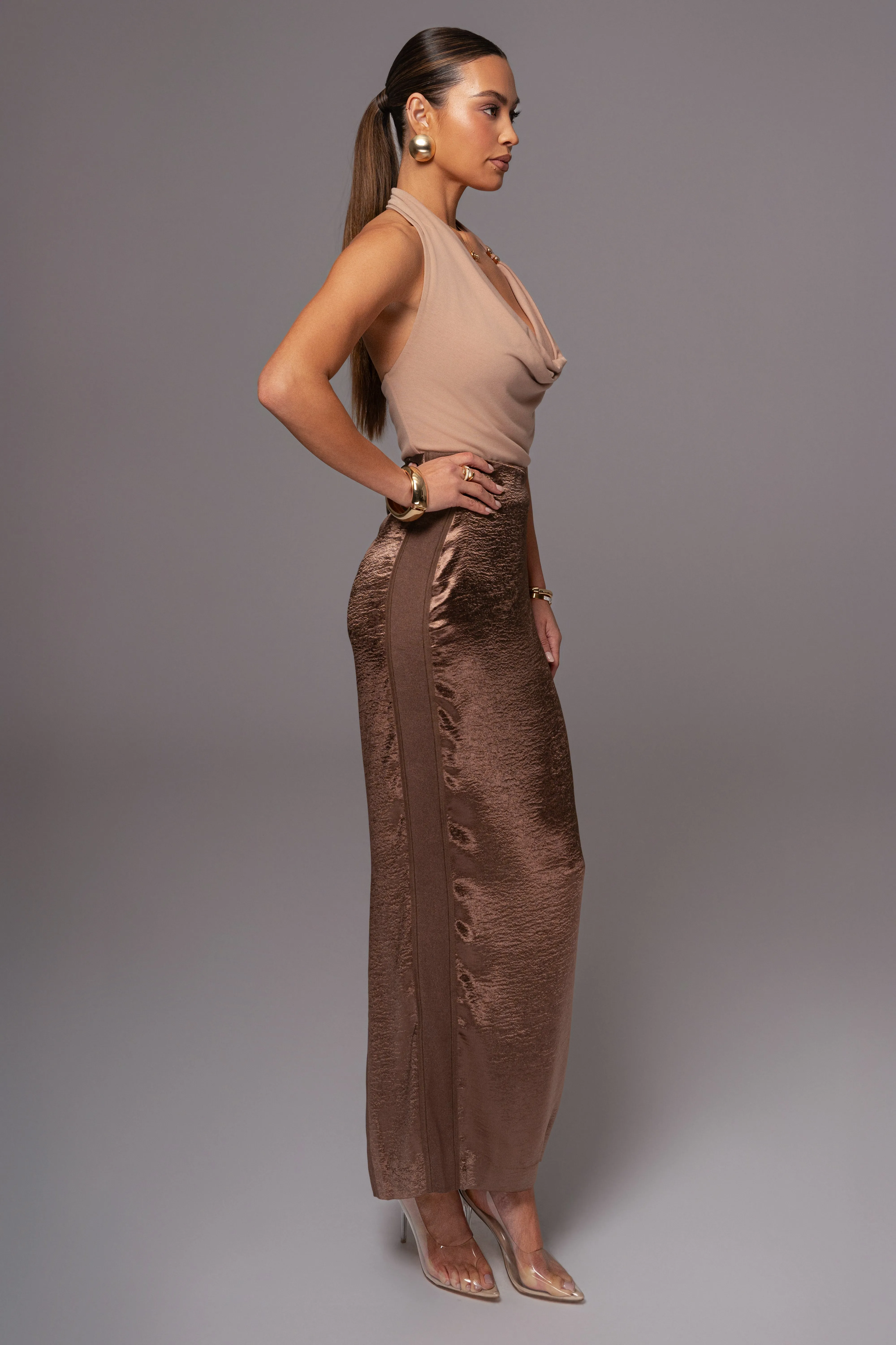 Chocolate Nora Satin Maxi Skirt sold by JLUXLABEL