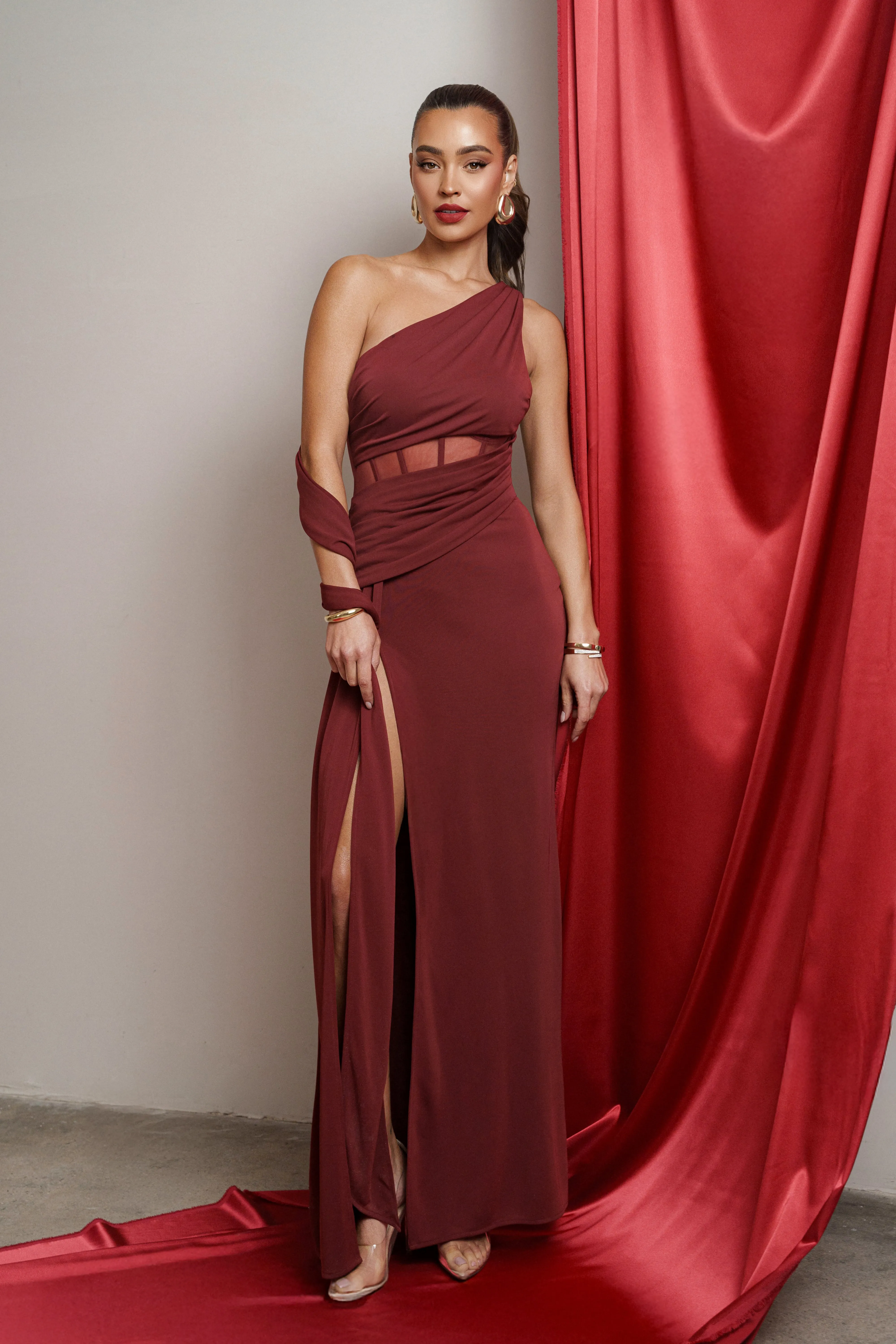 Burgundy Naida Drape Maxi Dress sold by JLUXLABEL product image thumbnail 5