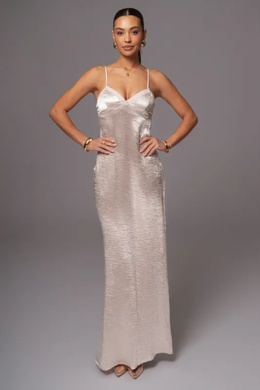 Champagne Surreal Satin Maxi Dress sold by JLUXLABEL