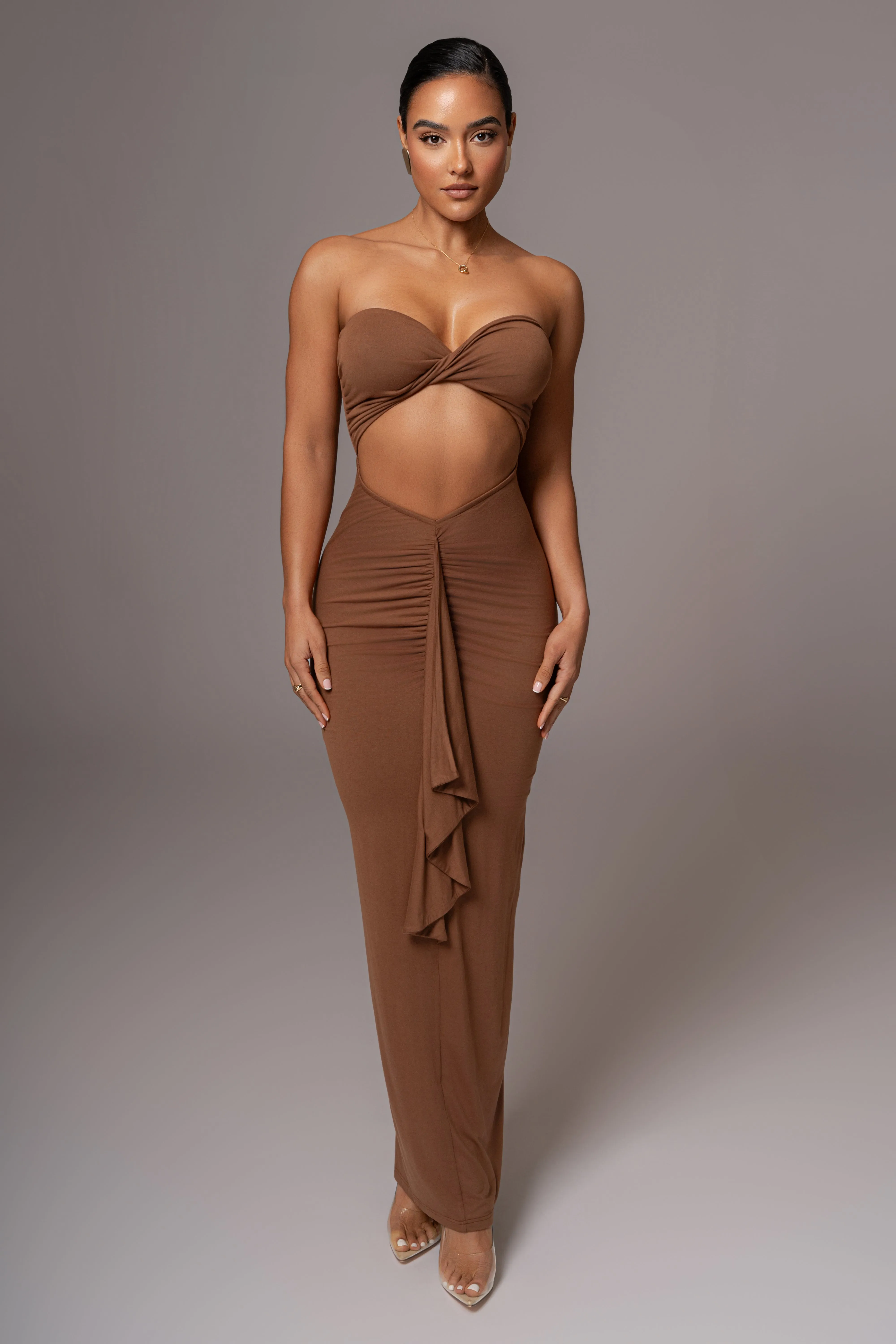 Chocolate Strapless Drape Maxi Dress sold by JLUXLABEL
