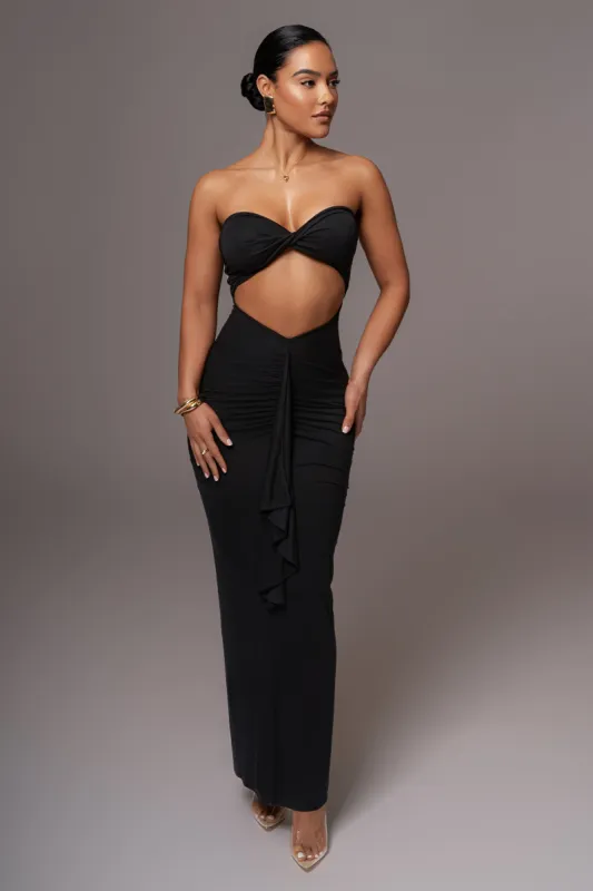 Black Strapless Drape Maxi Dress sold by JLUXLABEL