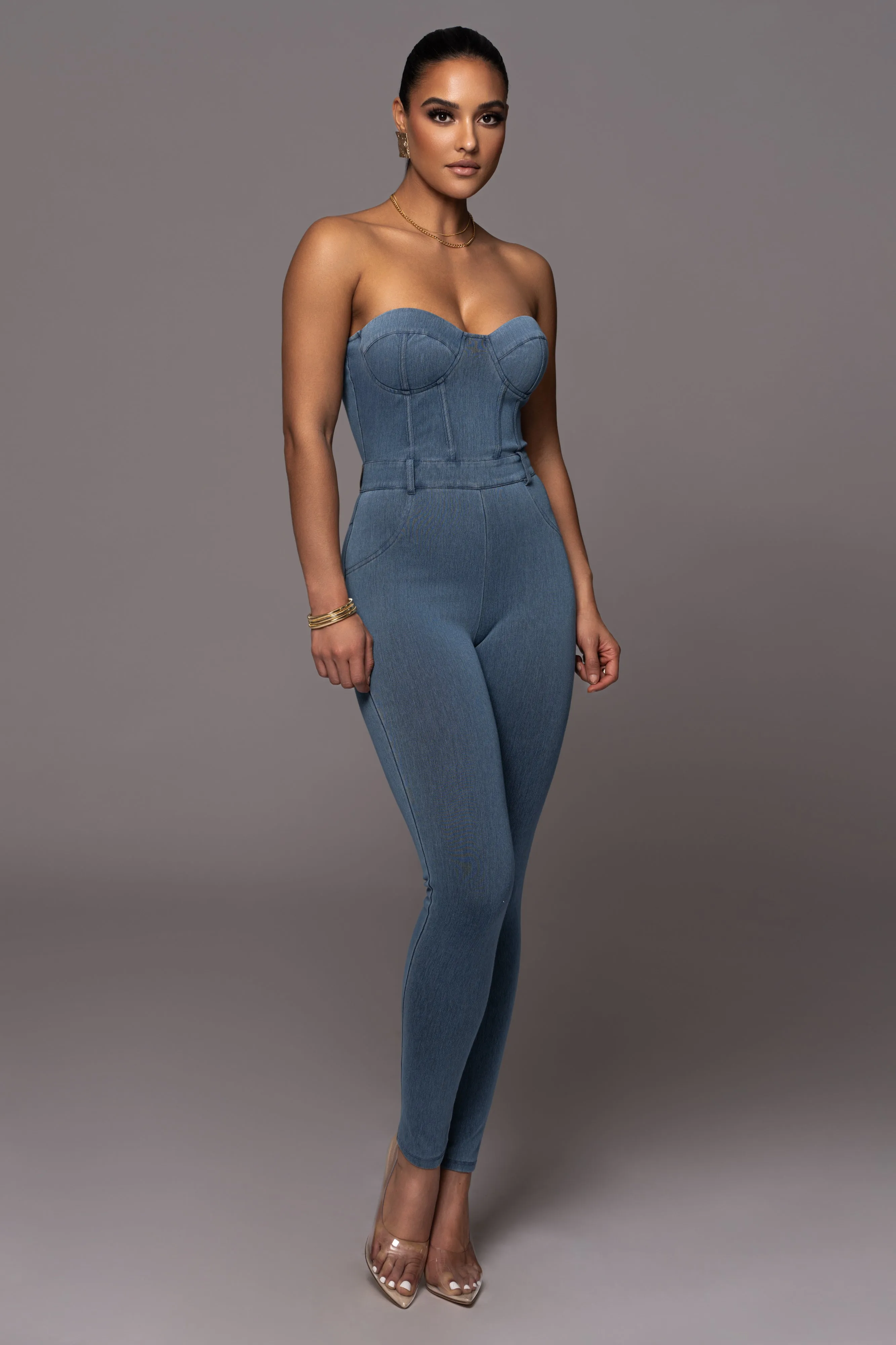 Medium Wash Denim Diya Bustier Jumpsuit sold by JLUXLABEL product image thumbnail 4