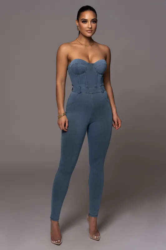 Medium Wash Denim Diya Bustier Jumpsuit sold by JLUXLABEL