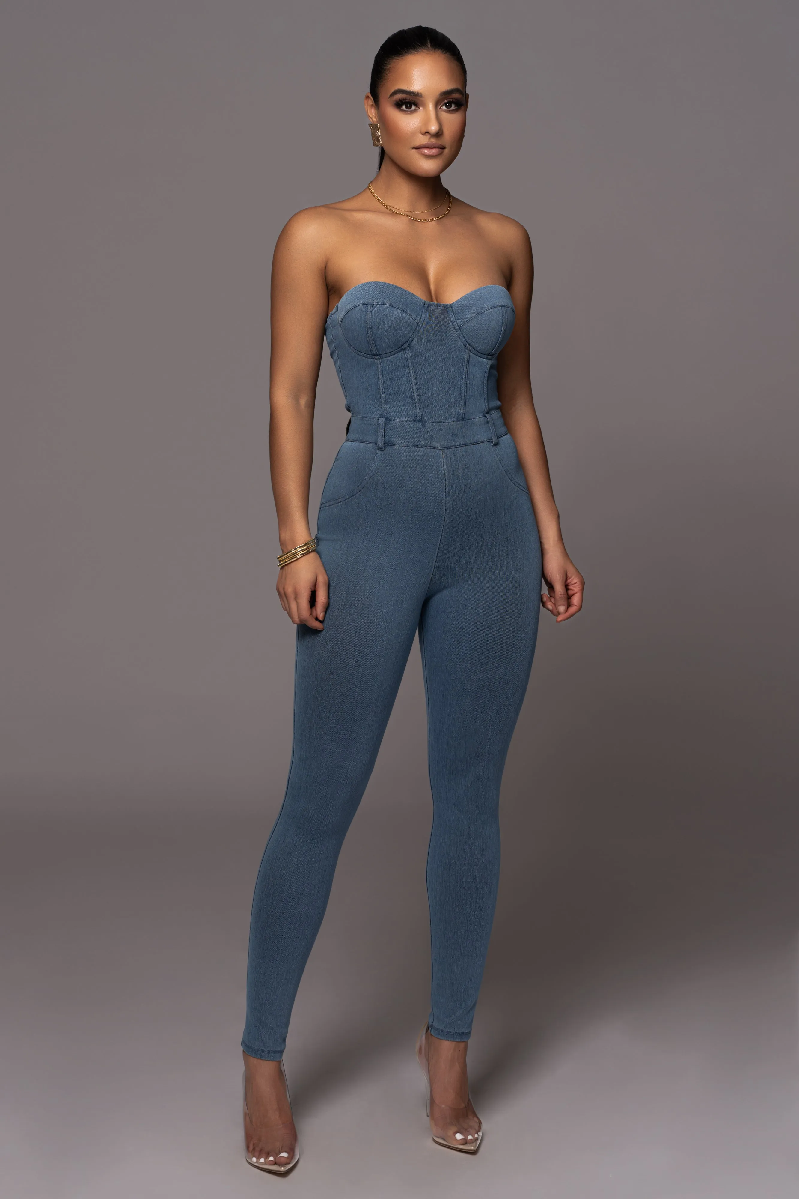 Medium Wash Denim Diya Bustier Jumpsuit sold by JLUXLABEL